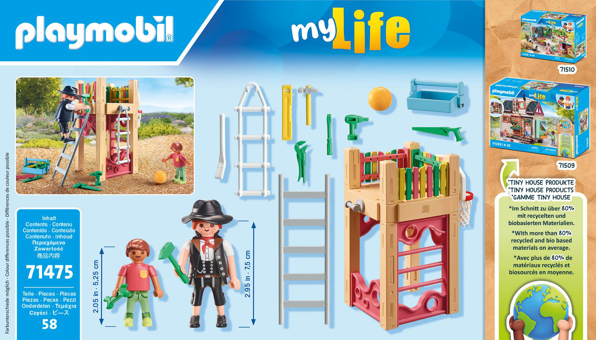 Playmobil-Set mit Figuren und einer Spielplatzstruktur, verschiedene Zubehörteile.