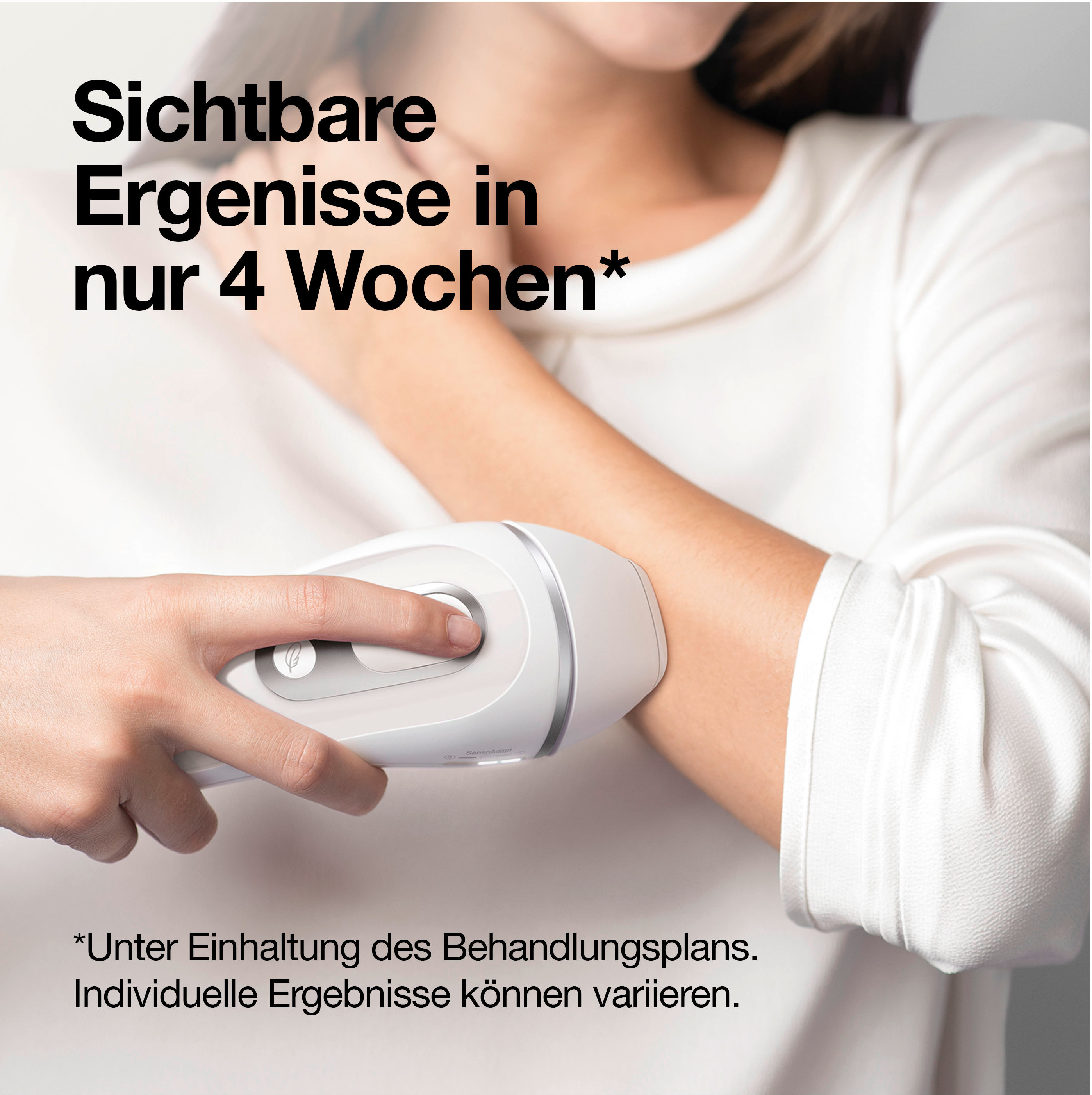 Frau benutzt IPL-Gerät am Arm. Text: 'Sichtbare Ergebnisse in nur 4 Wochen'.