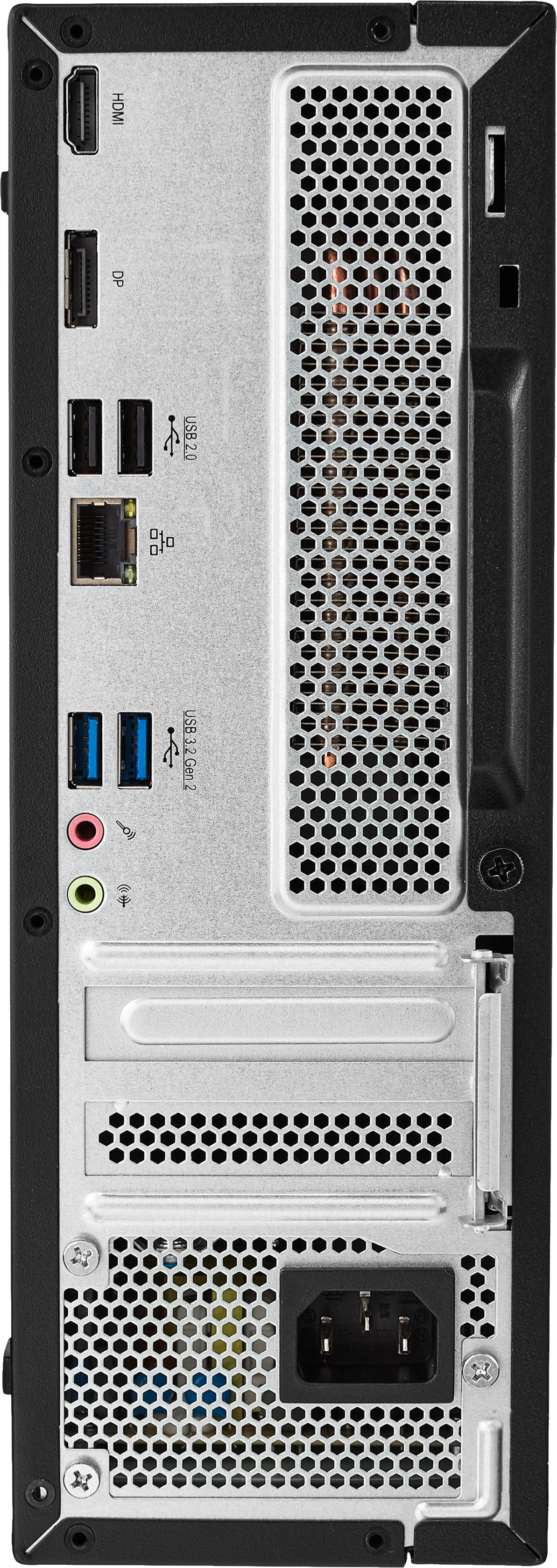 Rückansicht eines schwarzen PC-Gehäuses mit Anschlüssen und Belüftung.