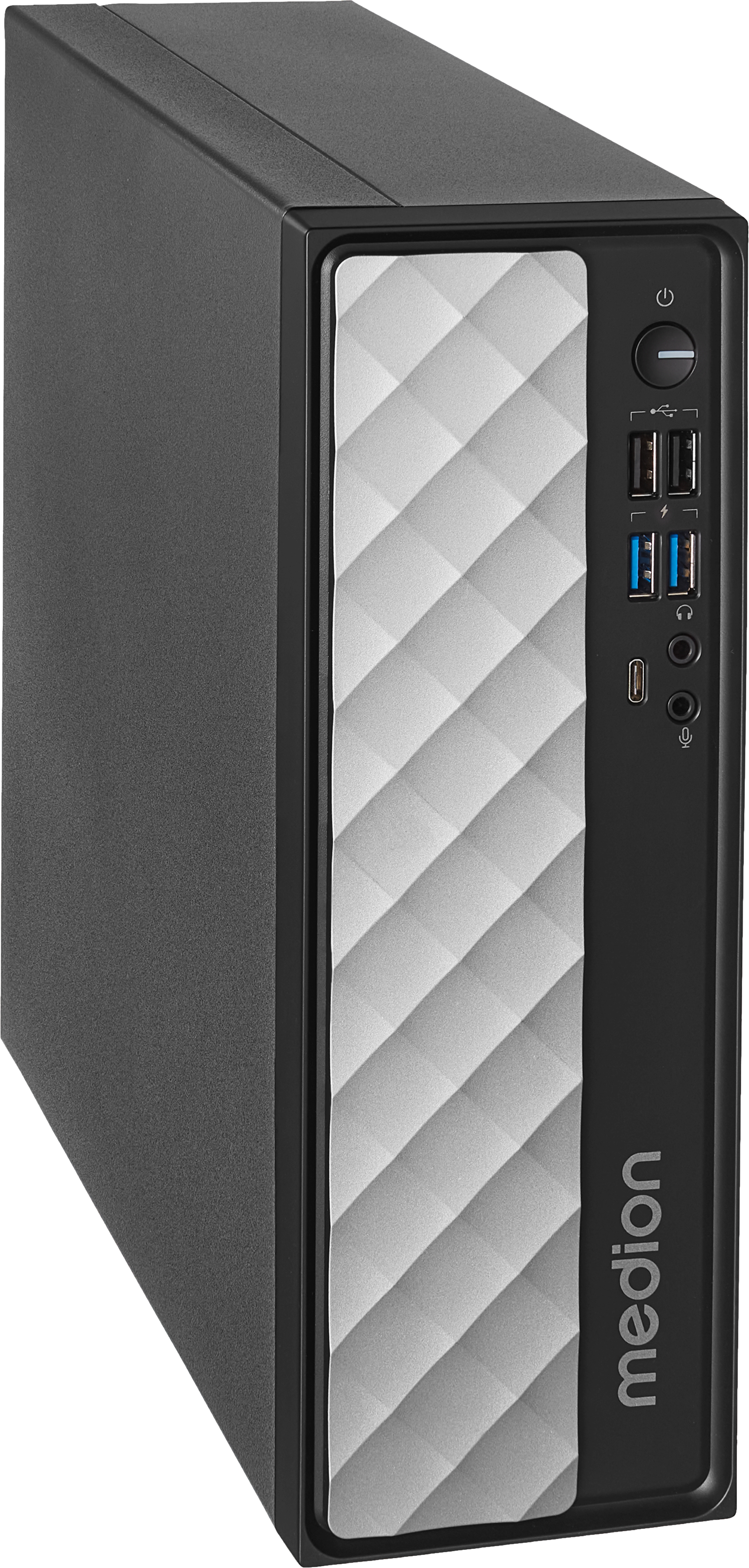 Schwarzer und grauer PC-Tower. Medion-Logo unten. Schwarzer Hintergrund.