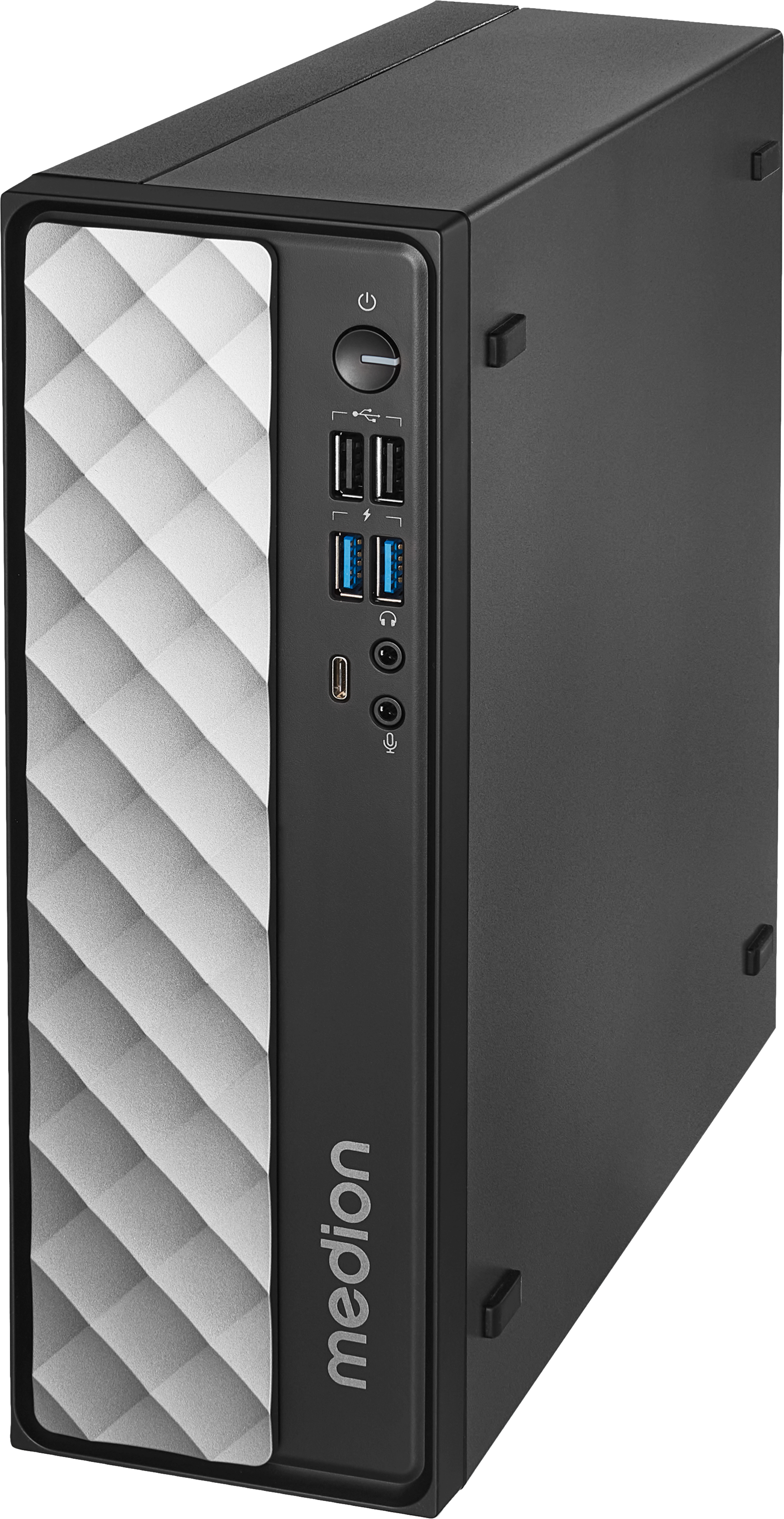 Schwarzer Medion-Computerturm mit silbernem geometrischen Design.