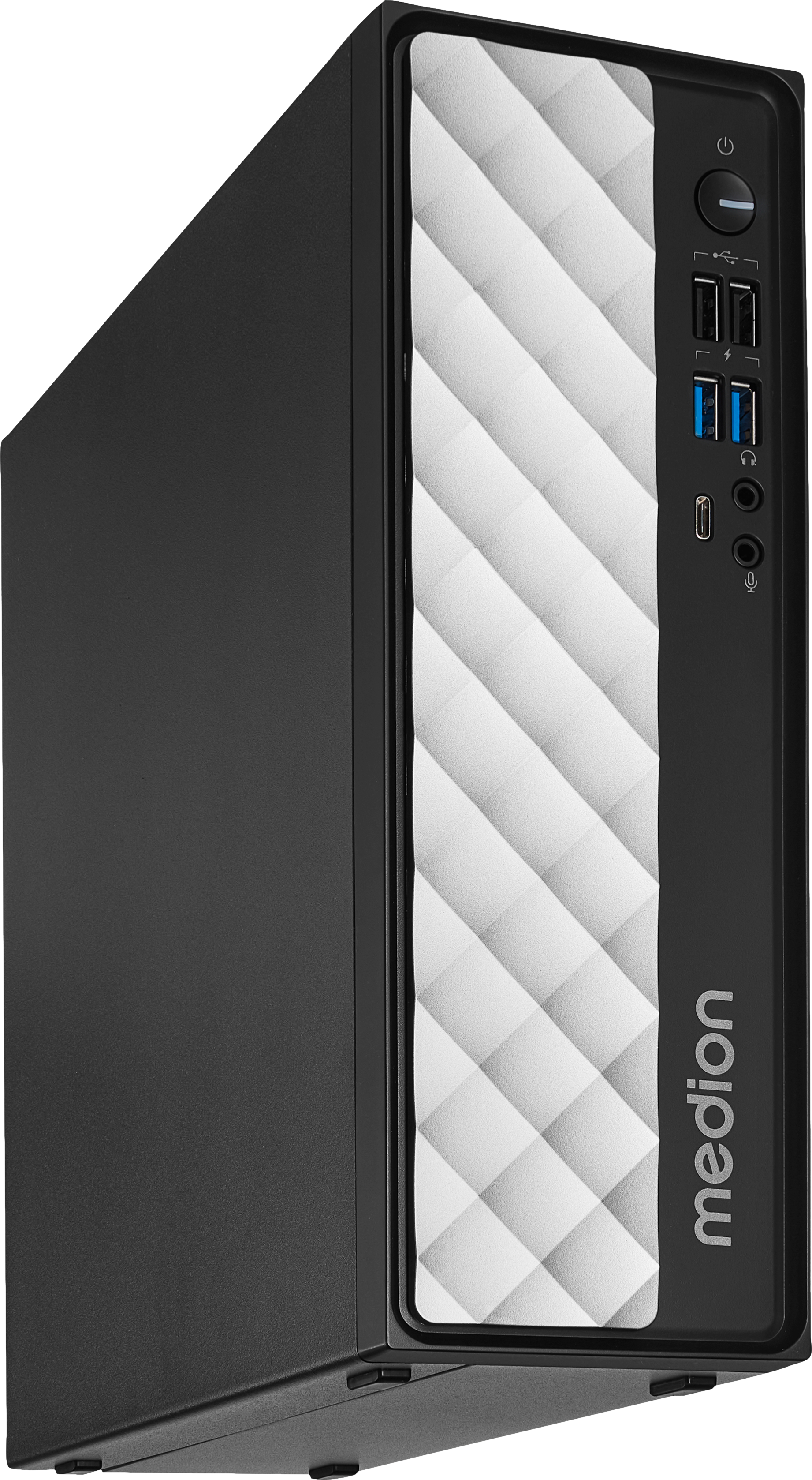 Schwarzer PC-Tower mit weißem Diamantmuster, Anschlüssen und dem Wort 'medion'.
