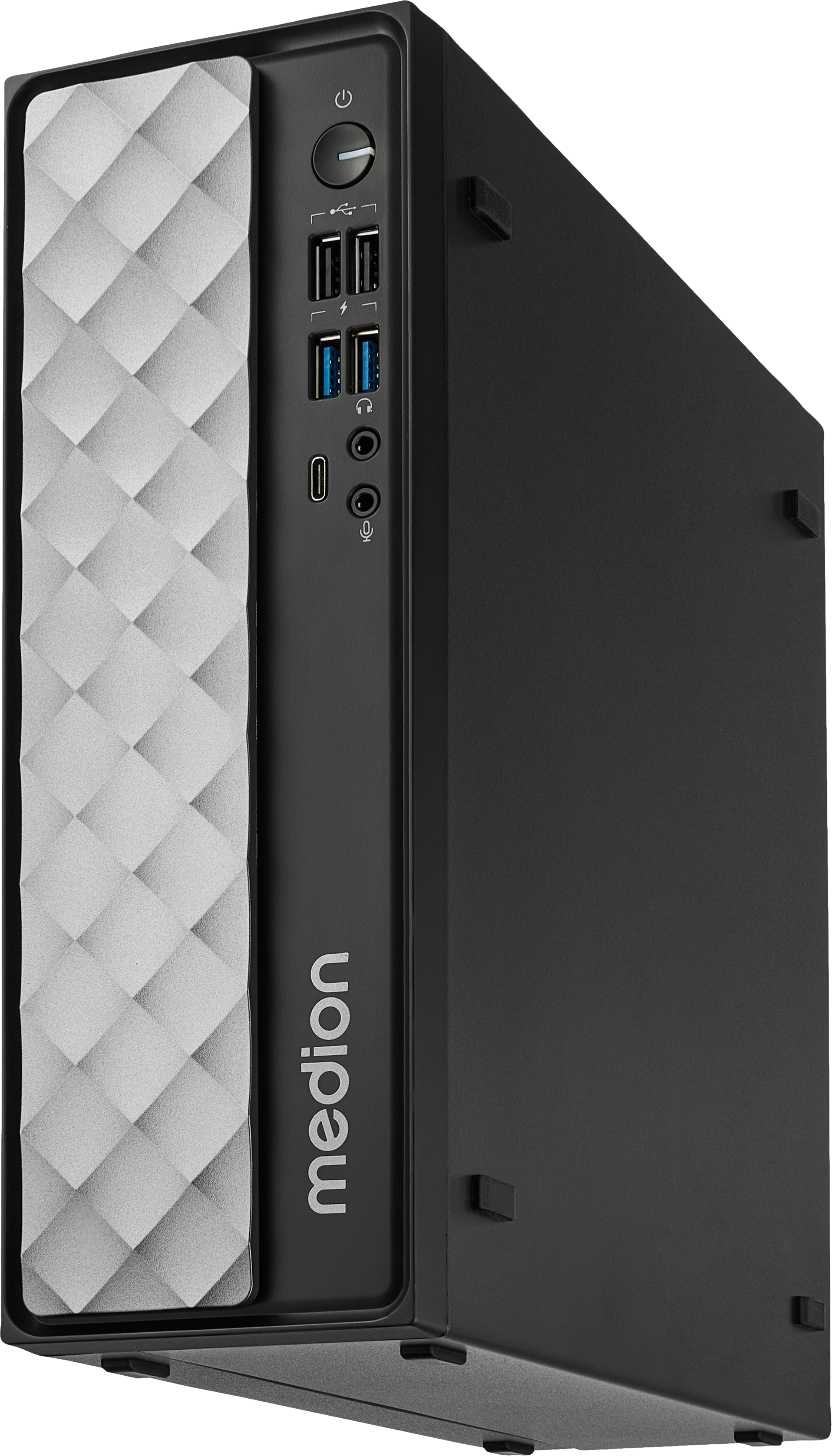 Schwarzer Desktop-Computer mit strukturierter Frontplatte, Medion-Logo.