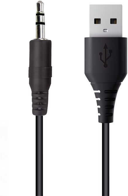 Egy fekete 3,5 mm-es jack csatlakozó és egy USB kábel.