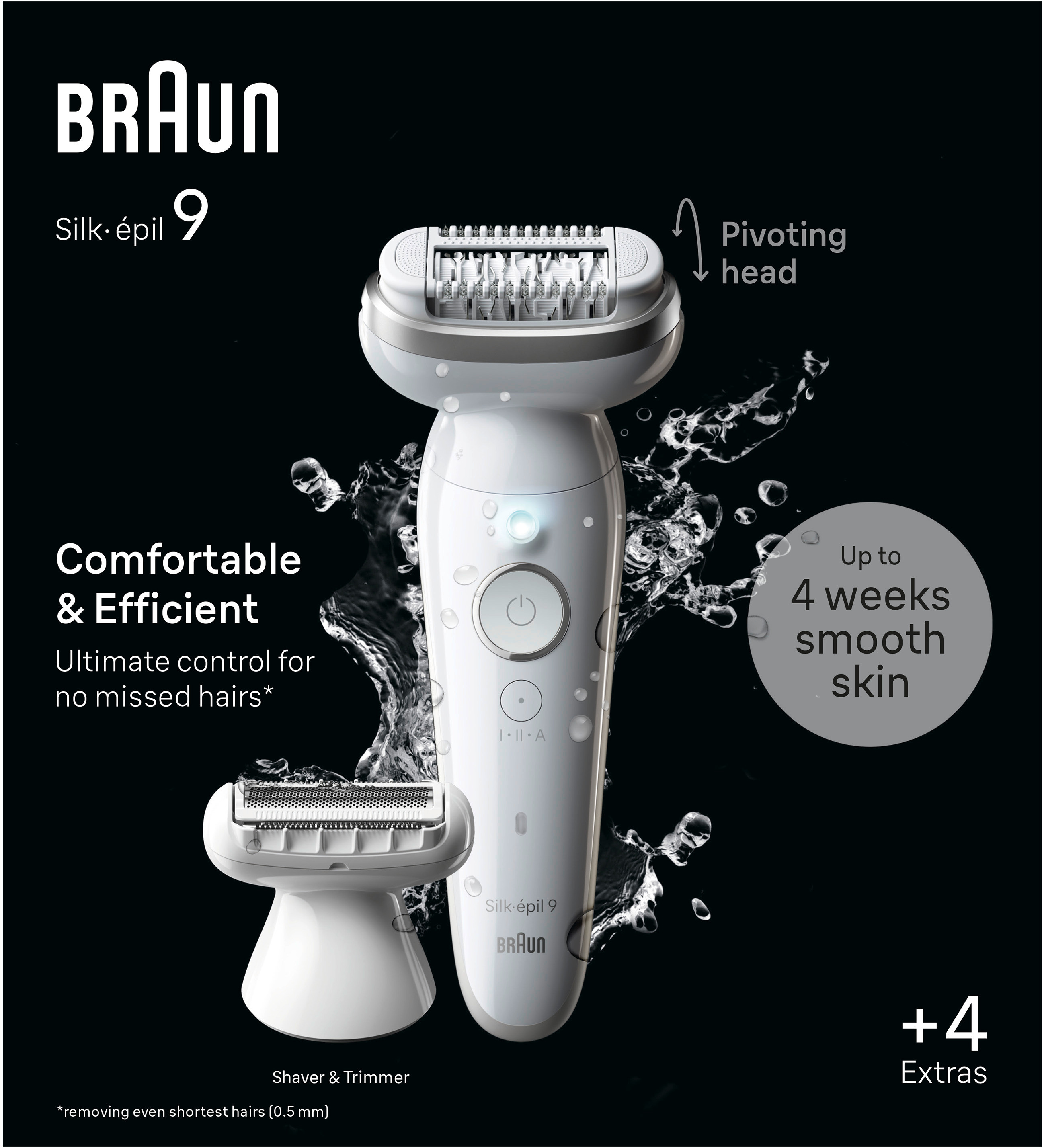 Epilatore Braun Silk-épil 9 con testo: Comodo ed Efficiente. Sfondo nero.