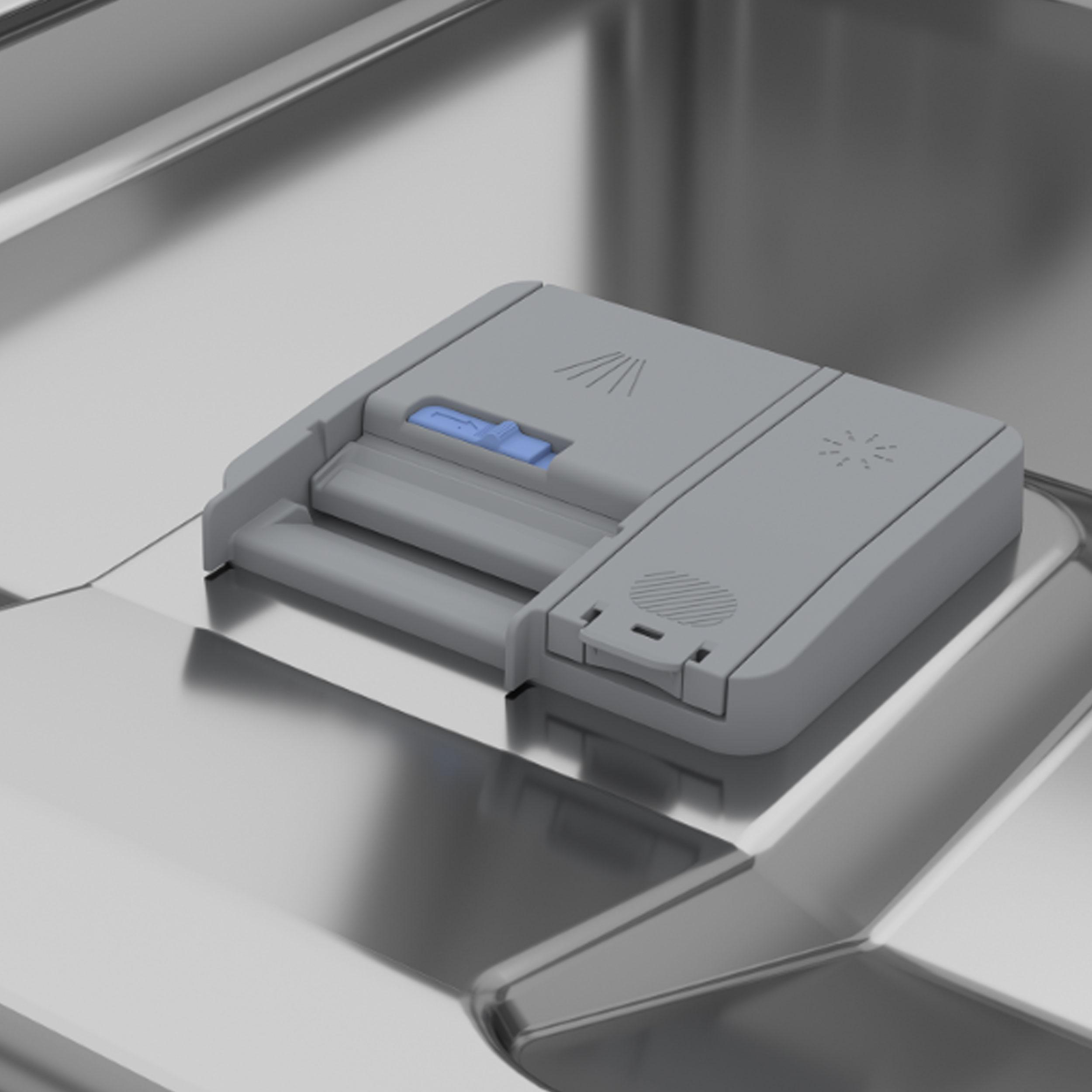 Spülmittelspender der Spülmaschine, ein graues Fach mit blauem Auslöseknopf.