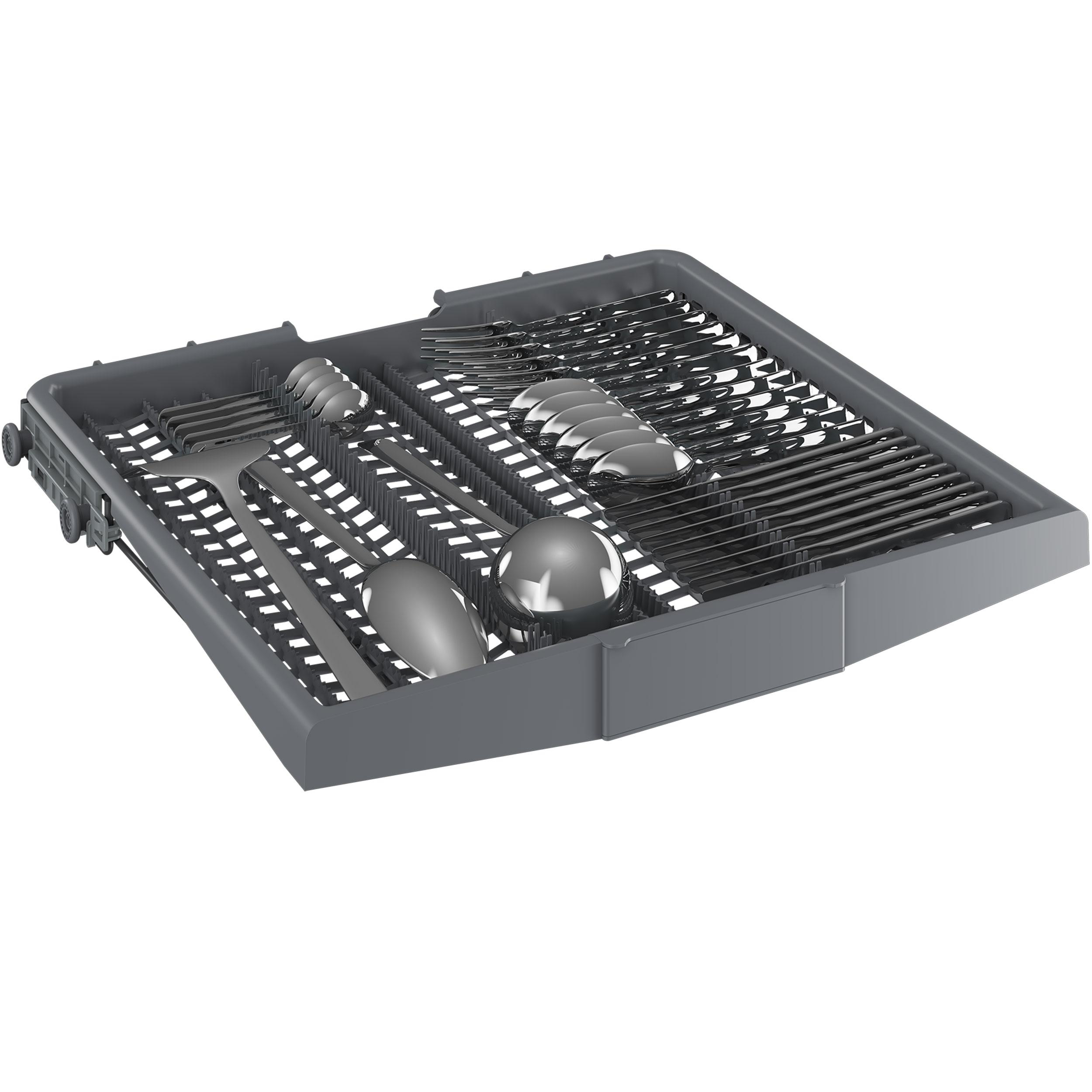 Besteckschublade mit Besteck. Gabeln, Messer, Löffel und Servierutensilien sind sichtbar.