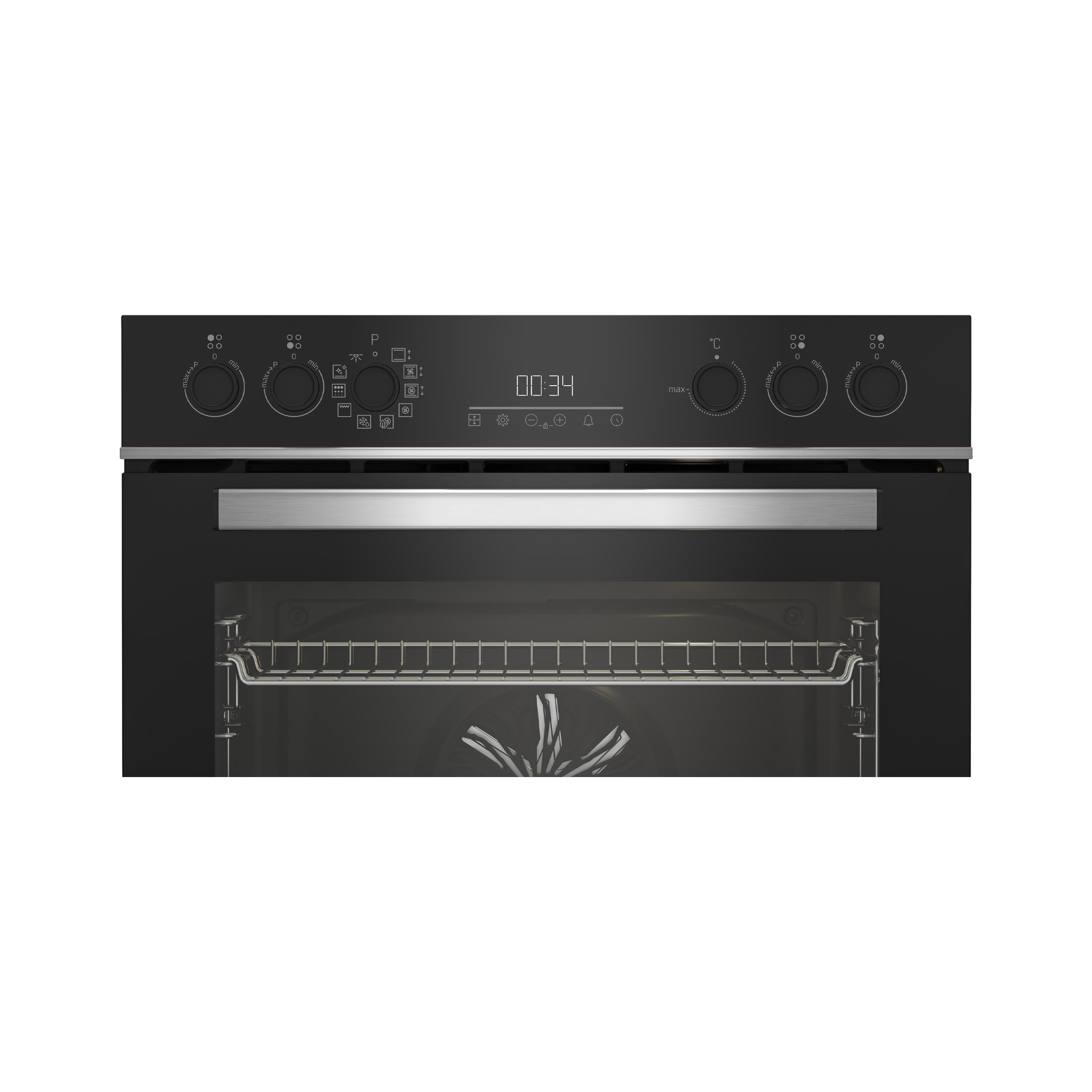 Schwarzes Backofen-Bedienfeld mit Display und Knöpfen, modernes Küchengerät.
