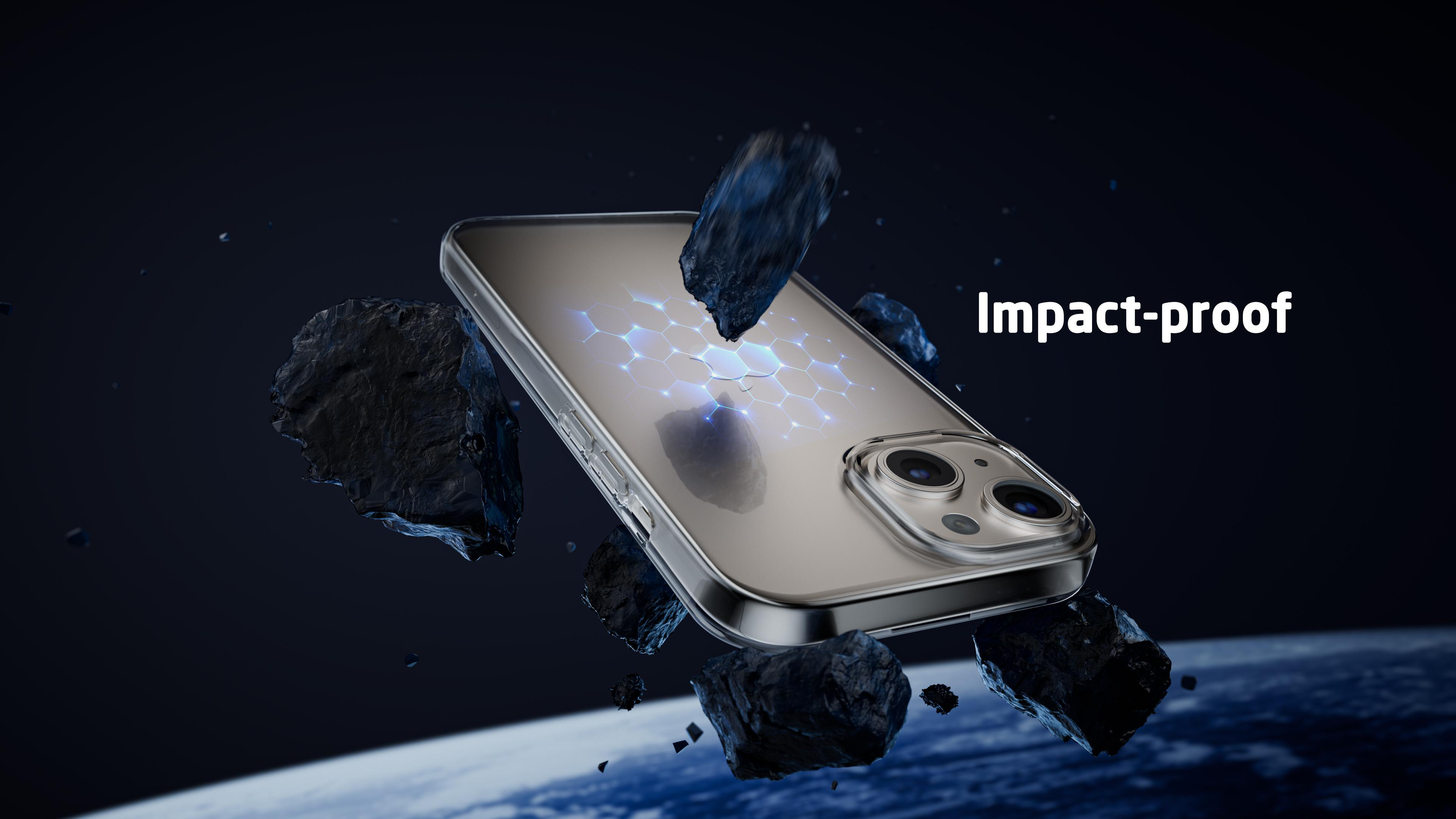Telefon in transparentem Gehäuse mit Impact-Proof-Text, umgeben von dunklem Weltraum und Felsen.
