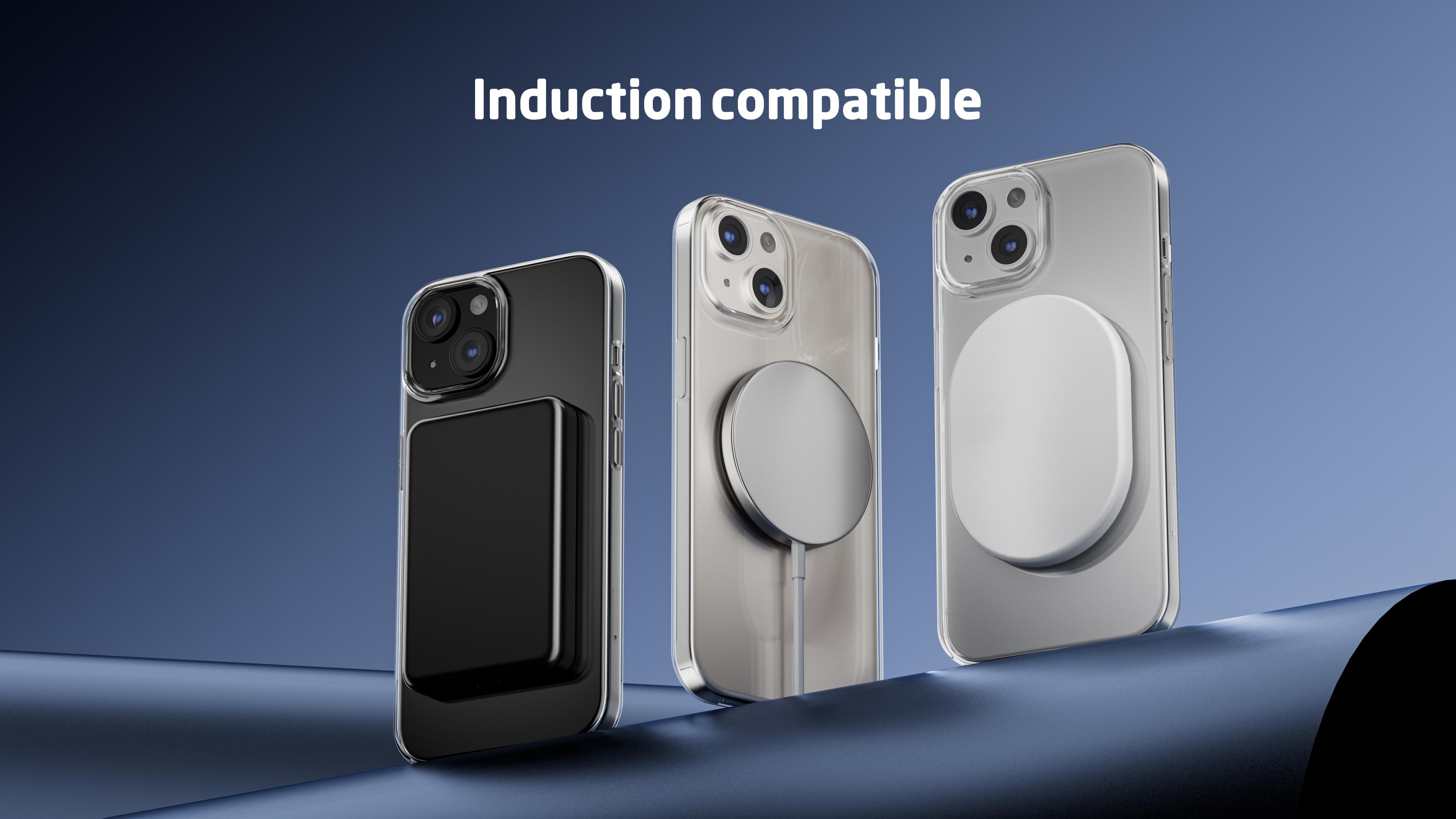 Drei Telefone mit Hüllen, mit Magnetbefestigung, beschriftet 'Induktionskompatibel'.