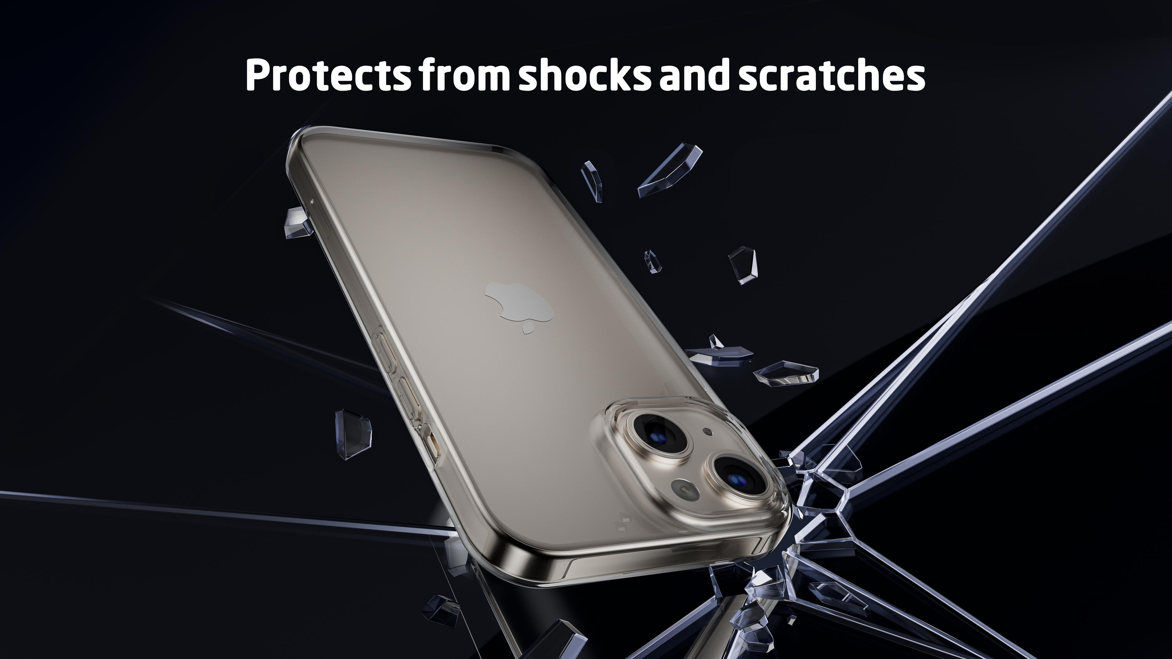 Ein Telefon in einer klaren Hülle mit zerbrochenem Glas darum. Das Telefon scheint unbeschädigt.