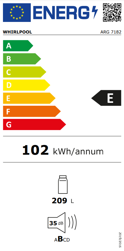 Energia címke A-G osztályokkal, Whirlpool márka, és 102 kWh/év. A címke E osztályt mutat.