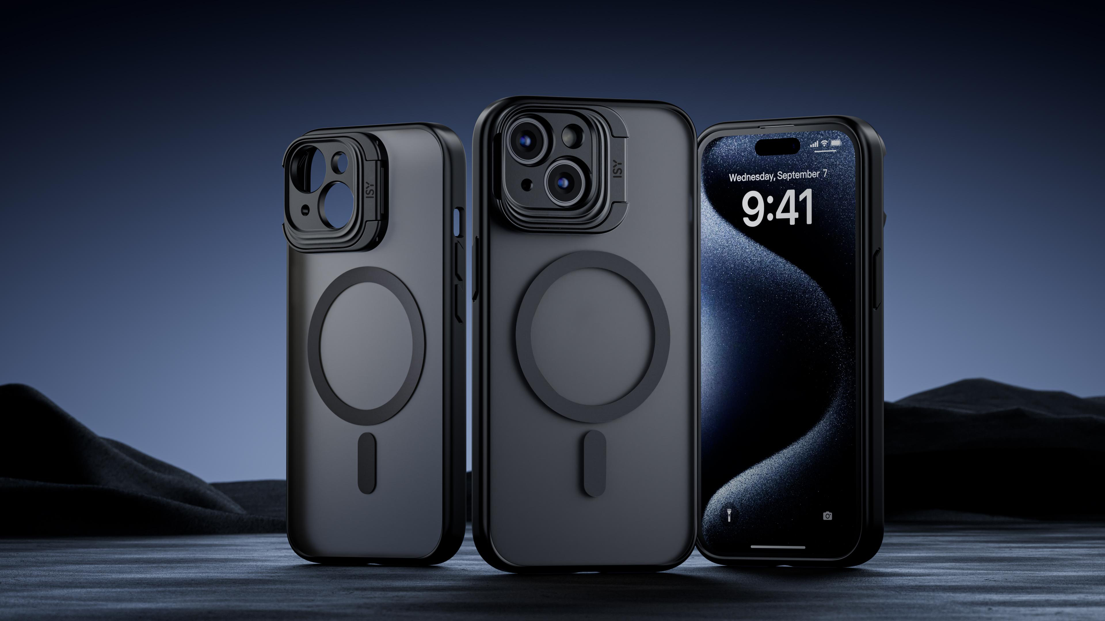 Drei schwarze Telefone mit Hüllen. Eines zeigt den Bildschirm, andere die Rückseite.