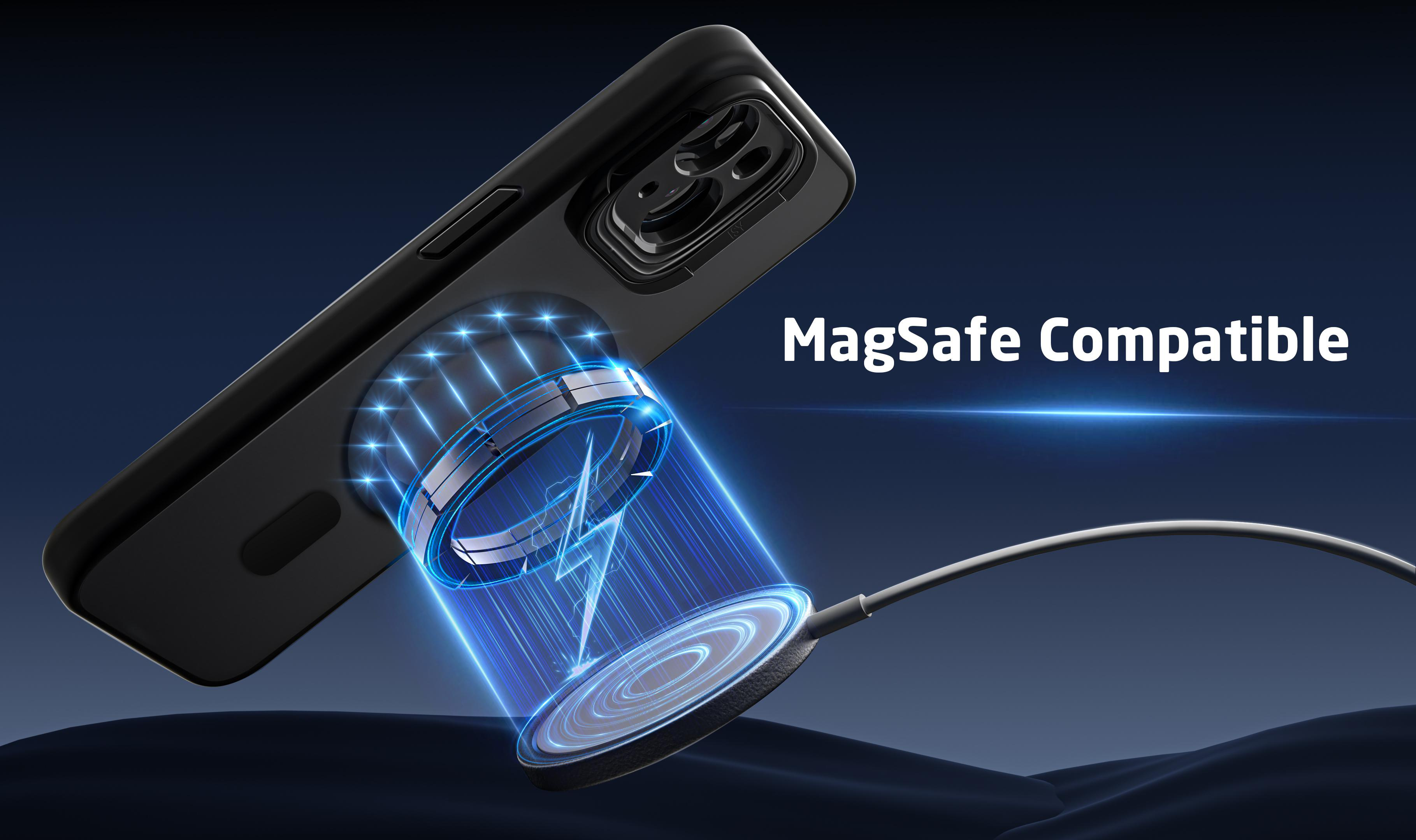 Telefon in schwarzer Hülle, die drahtlos mit MagSafe geladen wird.