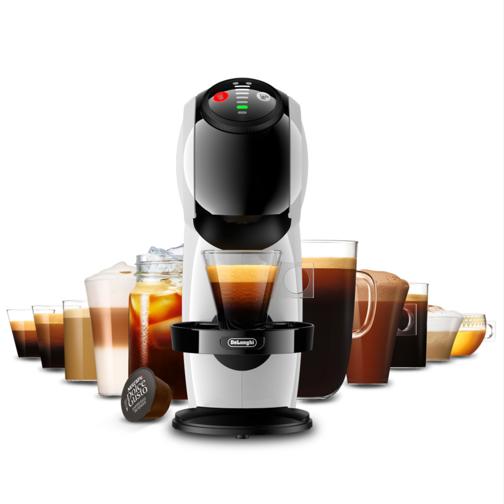 Una cafetera blanca y negra con varias bebidas de café.
