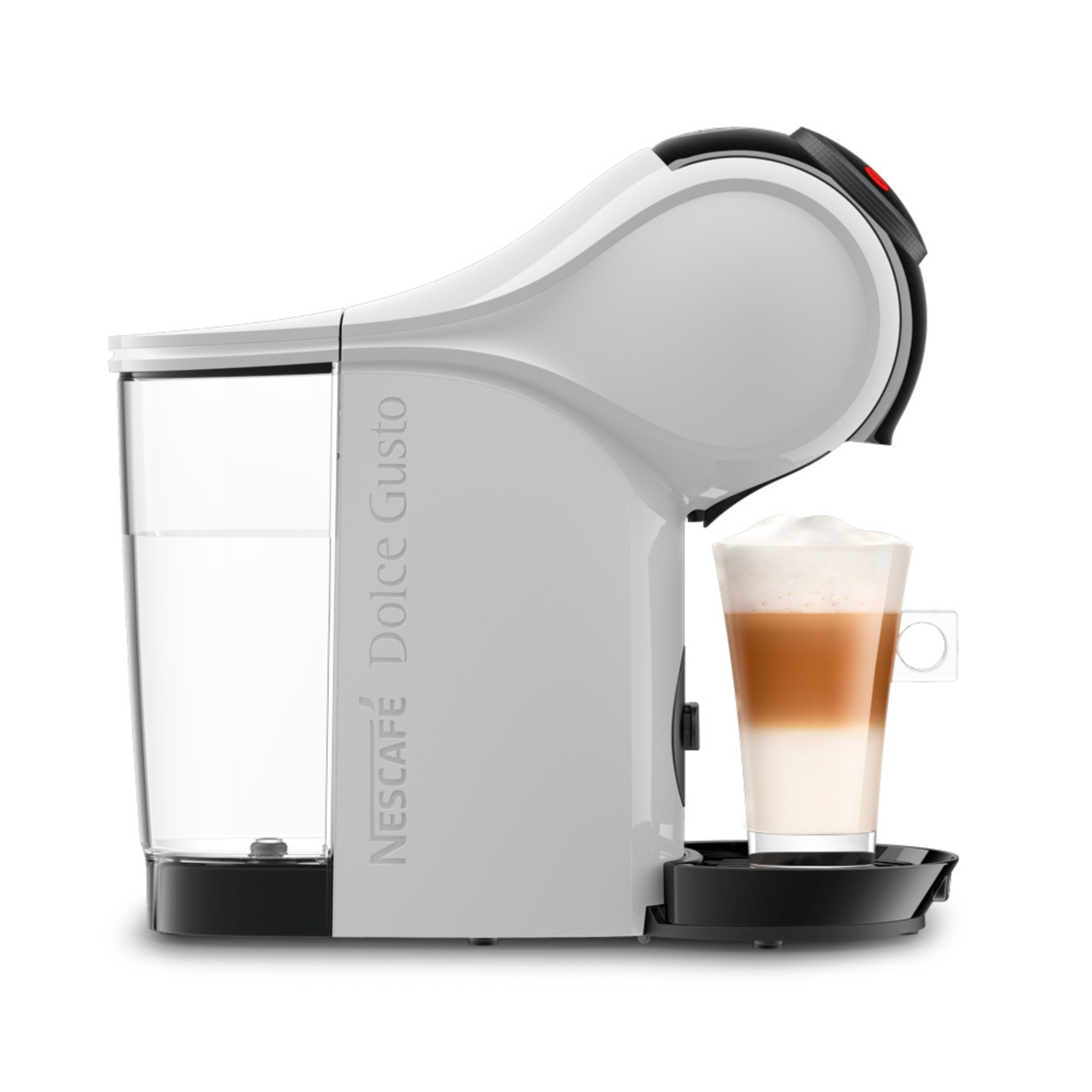 Cafetera blanca y negra con taza de latte. Texto Nescafé Dolce Gusto presente.