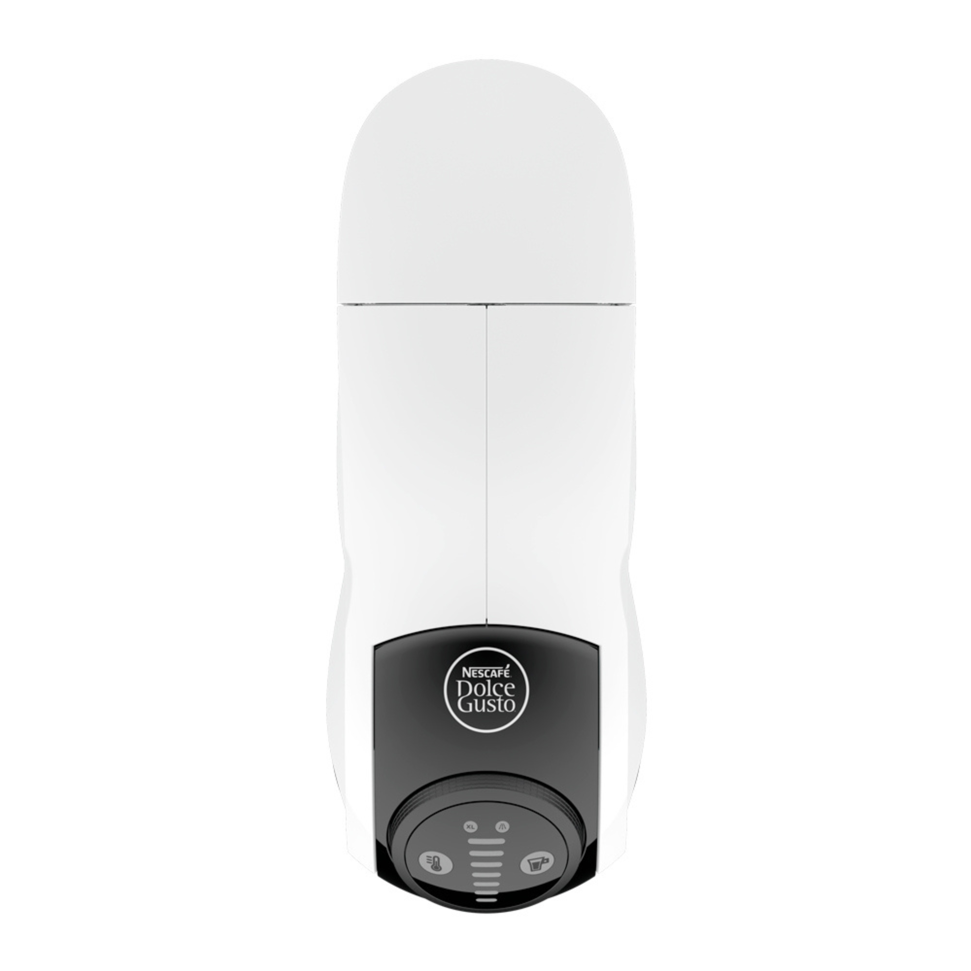 Vista superior de una cafetera blanca y negra. Texto Nescafé Dolce Gusto presente.