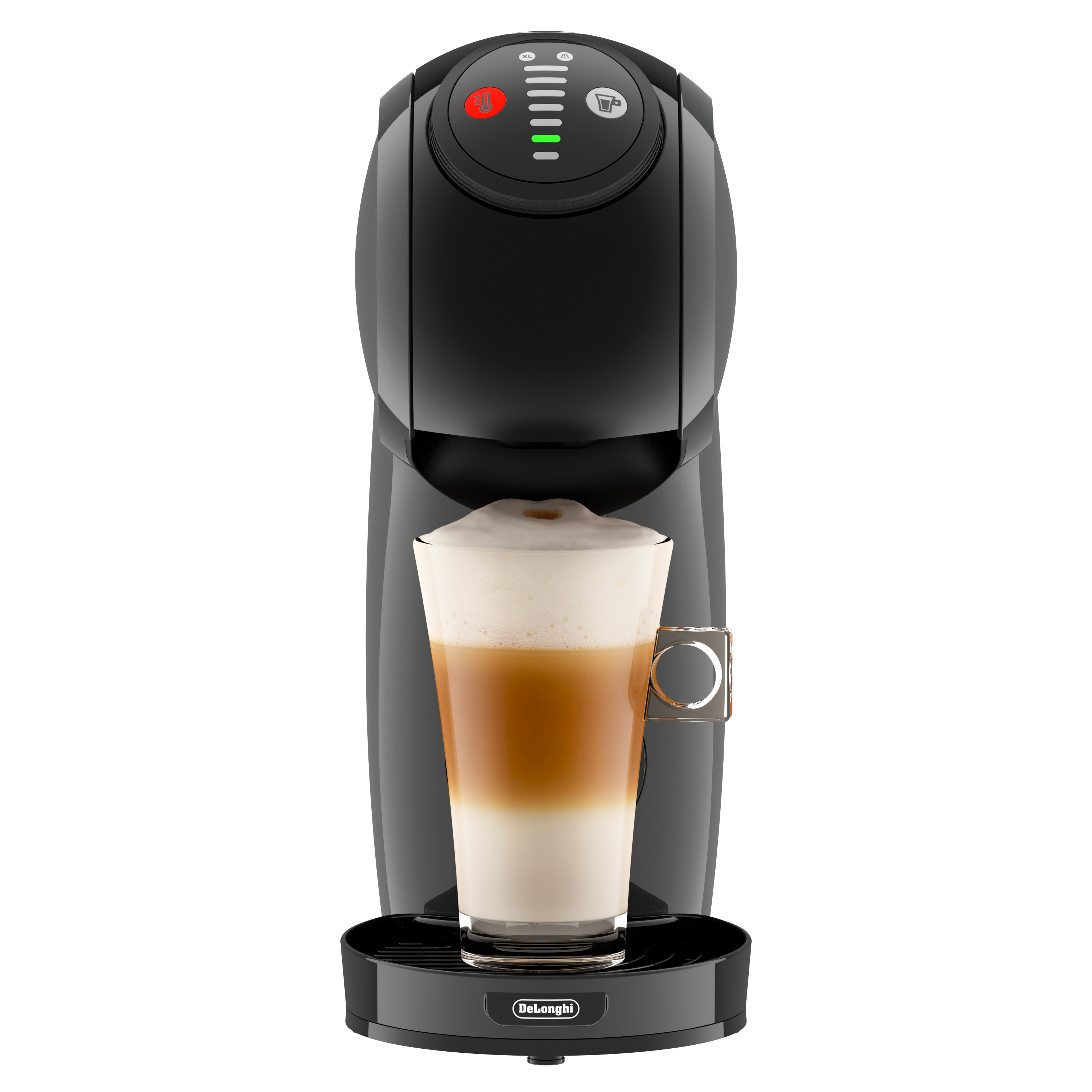 Cafetera negra con un vaso de latte macchiato sobre una base negra.