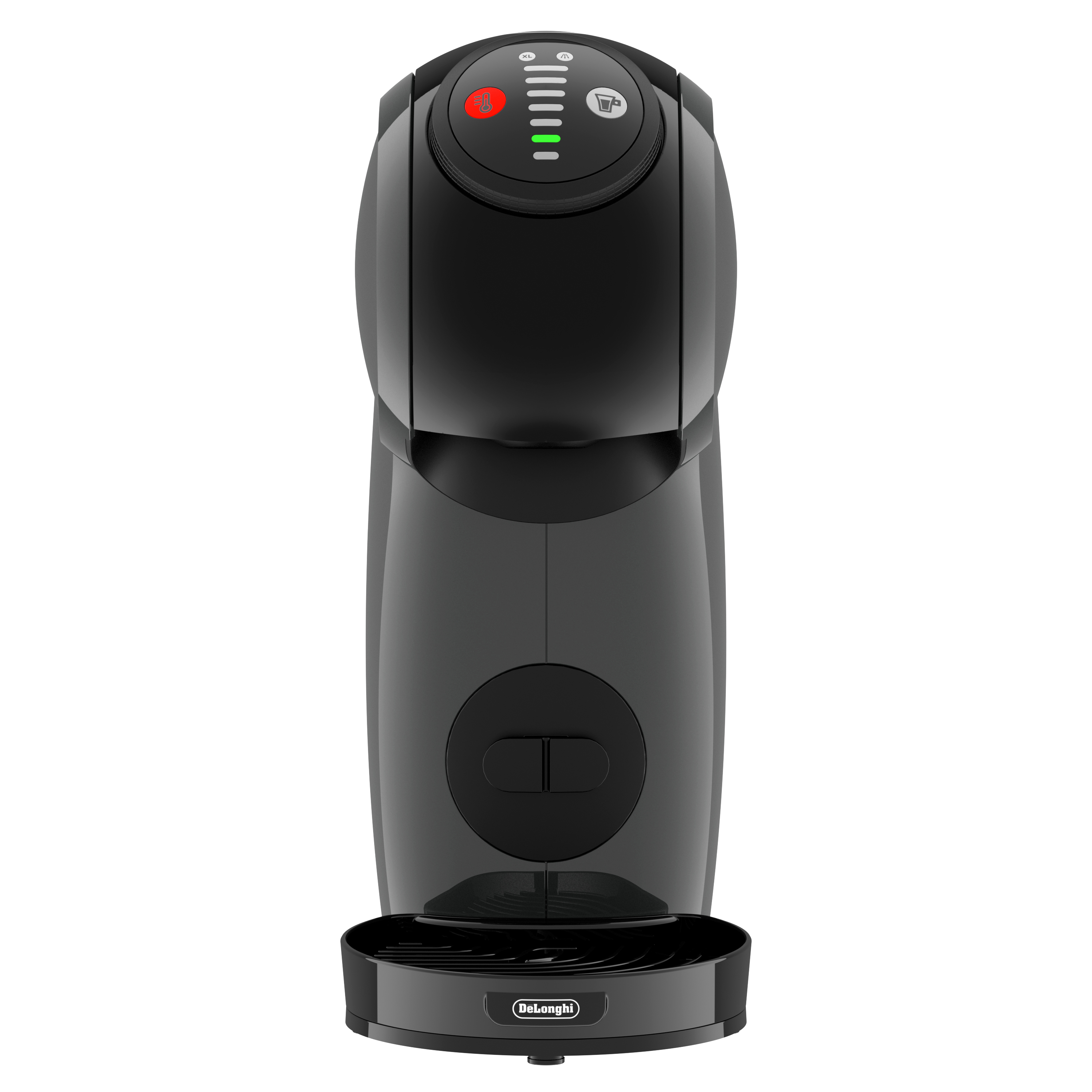 Cafetera negra con botón rojo e icono de taza. Logotipo DeLonghi presente.