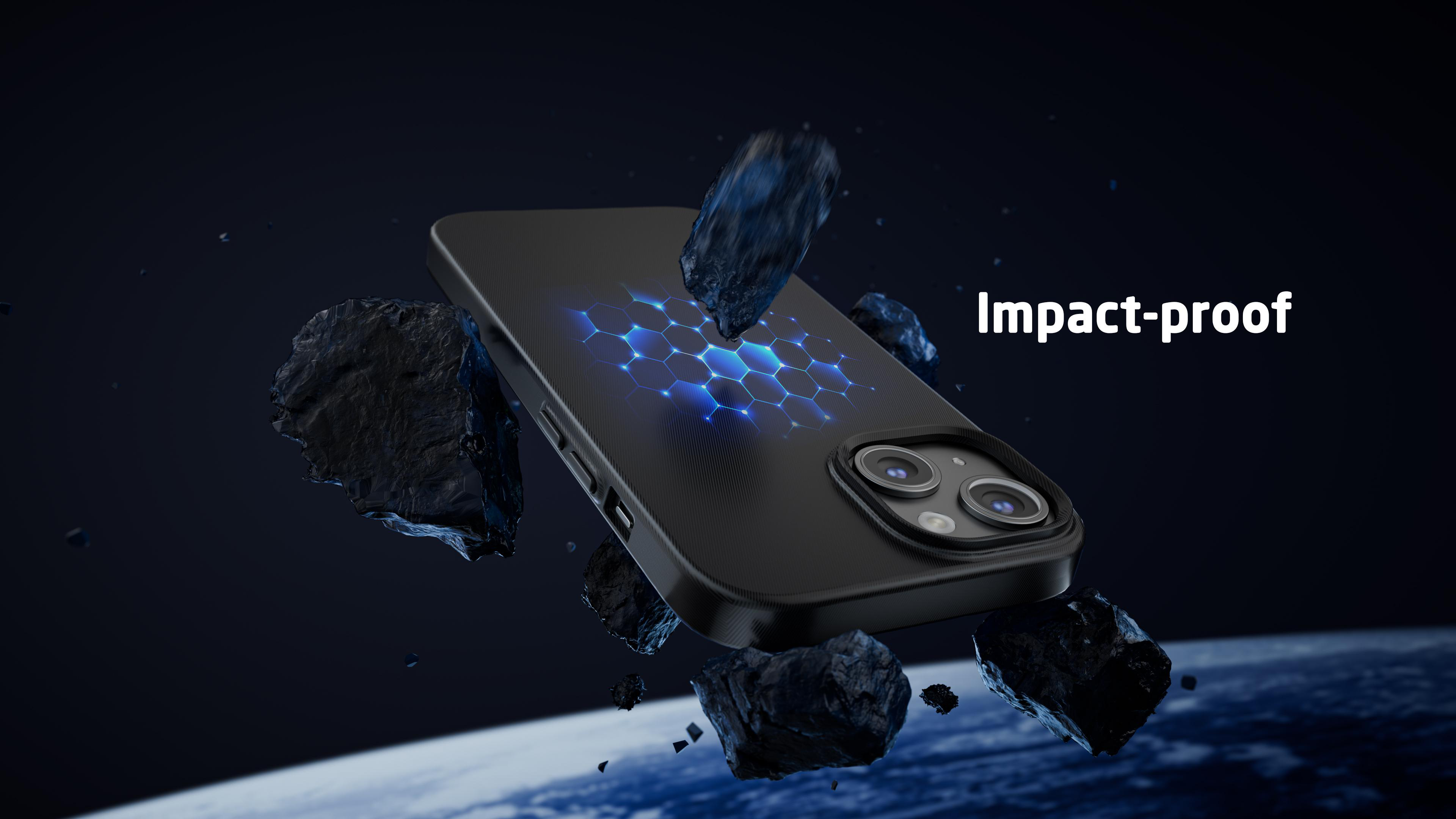 Eine schwarze Handyhülle mit Wabenmuster, umgeben von Asteroiden, beschriftet mit 'Impact-proof'.