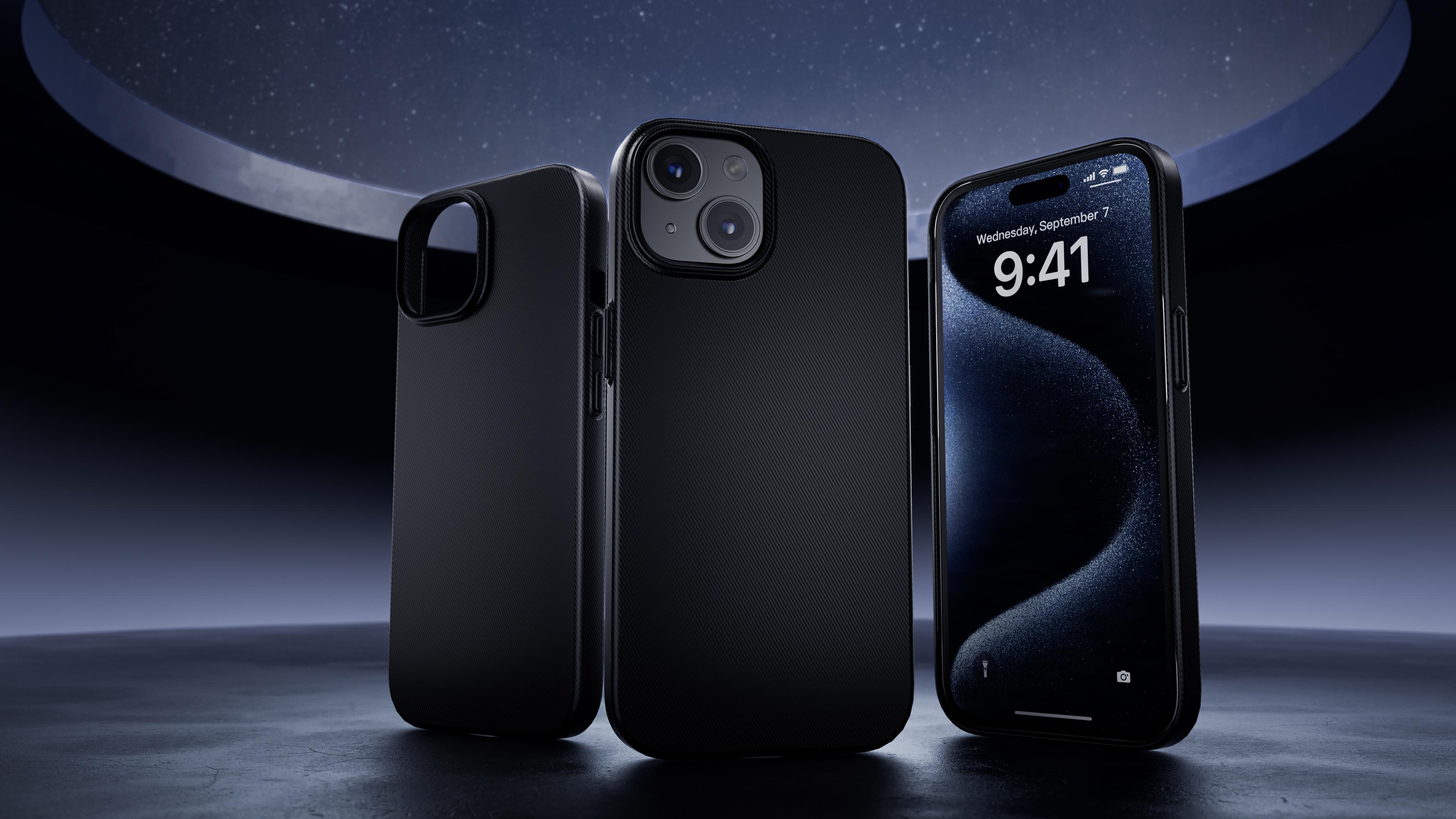 Drei schwarze iPhone-Hüllen mit einem Telefon, das den Bildschirm zeigt.