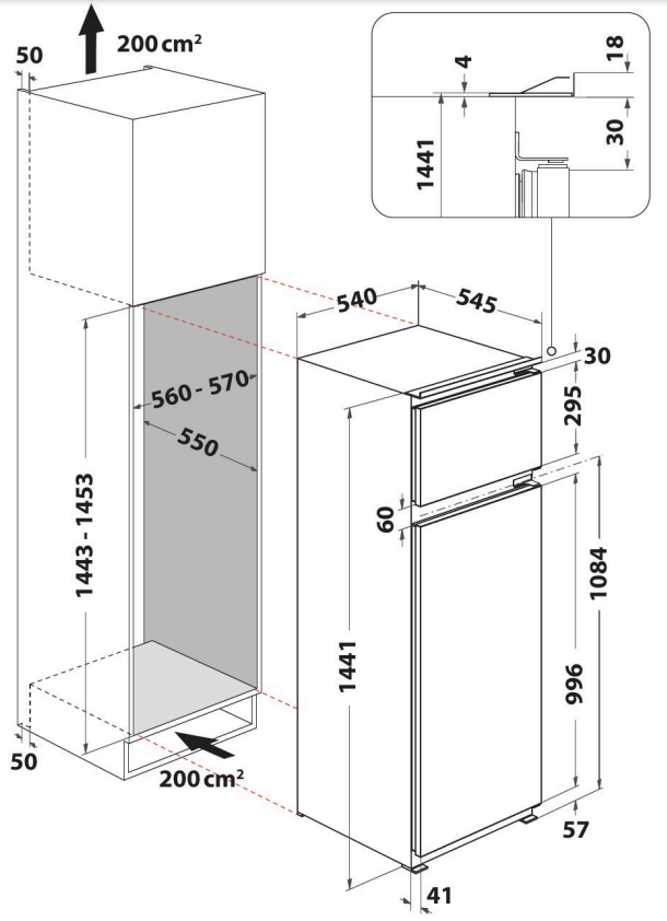 Hűtőszekrény diagramja. Méreteket és dizájnt mutat címkékkel és nyilakkal. Kétajtós hűtő.