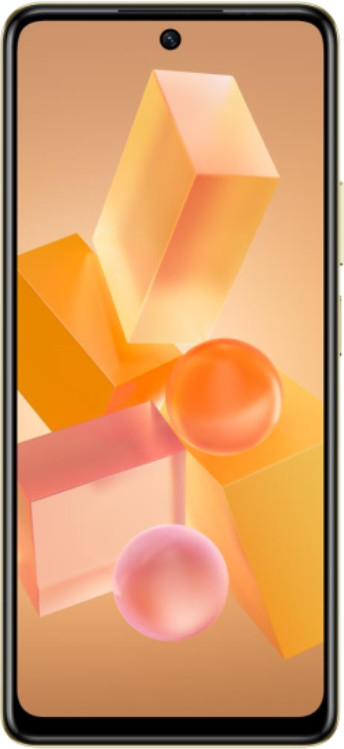 Smartfon z żółto-pomarańczowym abstrakcyjnym tłem. Telefon posiada obiektyw aparatu.