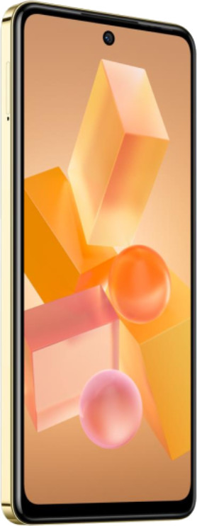 Złoty telefon na białym tle. Abstrakcyjne kształty 3D znajdują się za telefonem.
