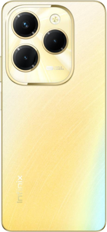 Żółty tył smartfona z potrójnym aparatem. Posiada gradient kolorów i markę Infinix. Błyszczące wykończenie.