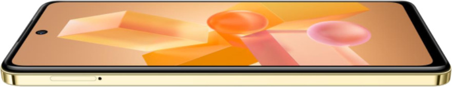 Złoty telefon, widok z boku, abstrakcyjne pomarańczowe tło.