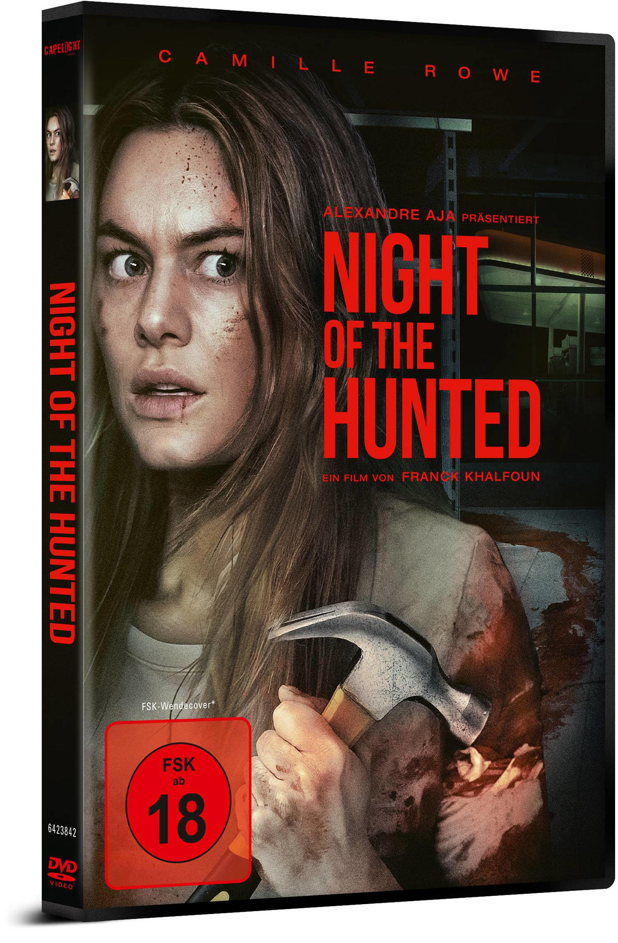 DVD-Cover für 'Night of the Hunted' mit Frau, Hammer und Blut. Dunkler Hintergrund.