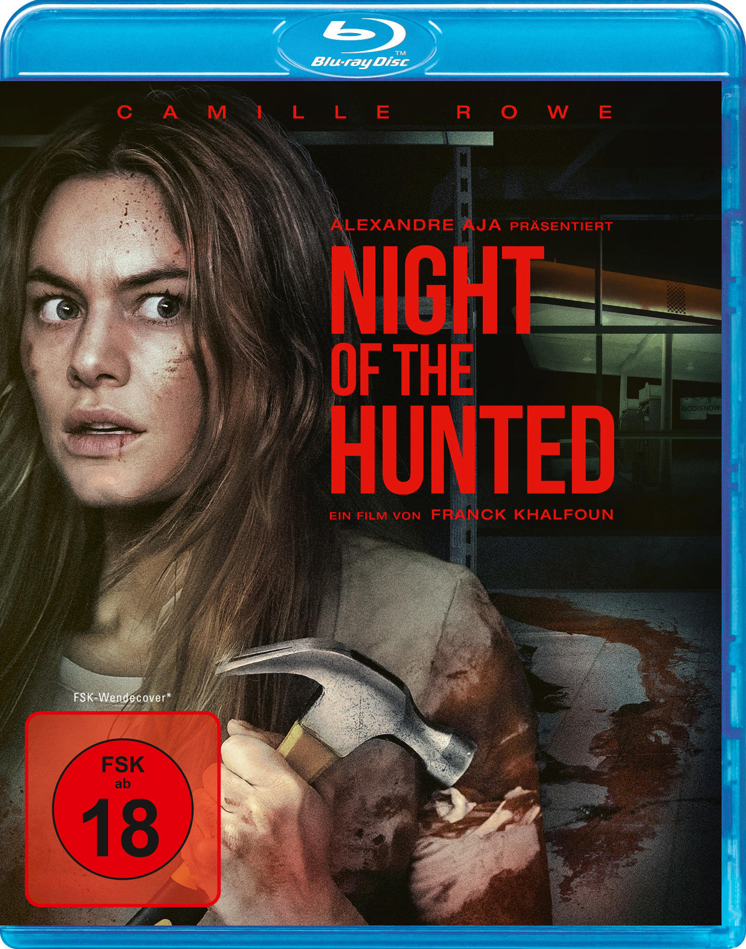 Blu-ray-Cover, Frau mit blutbeflecktem Gesicht, hält Hammer, Titel: Night of the Hunted.