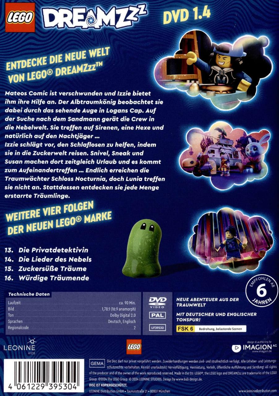 Rückseite einer LEGO Dreamzzz DVD. Enthält Cartoon-Bilder, Text und eine Bewertung.