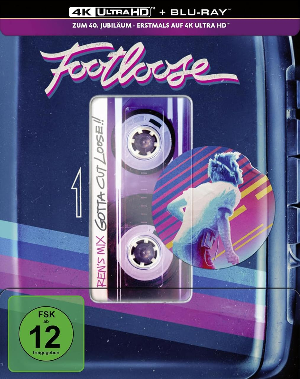 Footloose Blu-ray-Hülle. Sie hat ein Retro-Design mit einem Kassettenband und einem Tänzer.