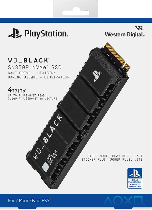 WD_BLACK SN850P NVMe SSD in Verpackung. Es ist schwarz mit PlayStation-Logo und Western Digital-Logo.