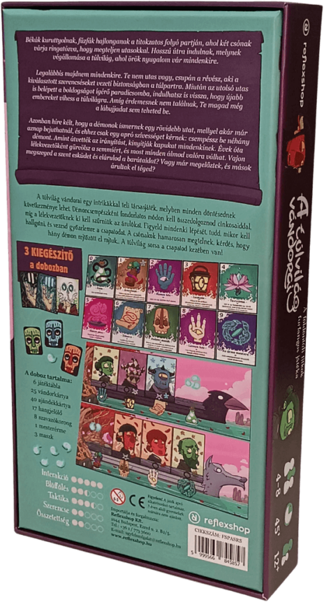 Egy játékkarton hátulja. A dobozon játékelemek és kártyák láthatók, idegen nyelvű szöveggel és logóval.