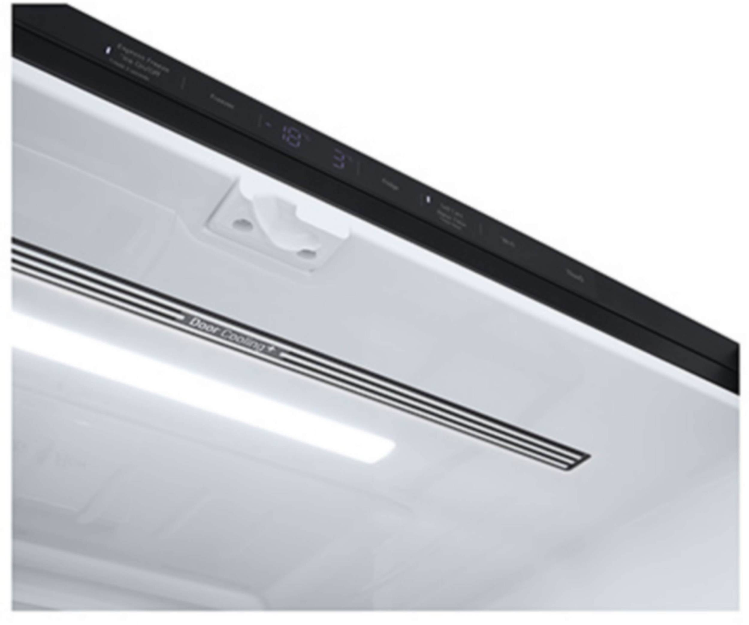 Wnętrze lodówki. Posiada panel Door Cooling z wyświetlaczem światła i temperatury, czarno-biały.