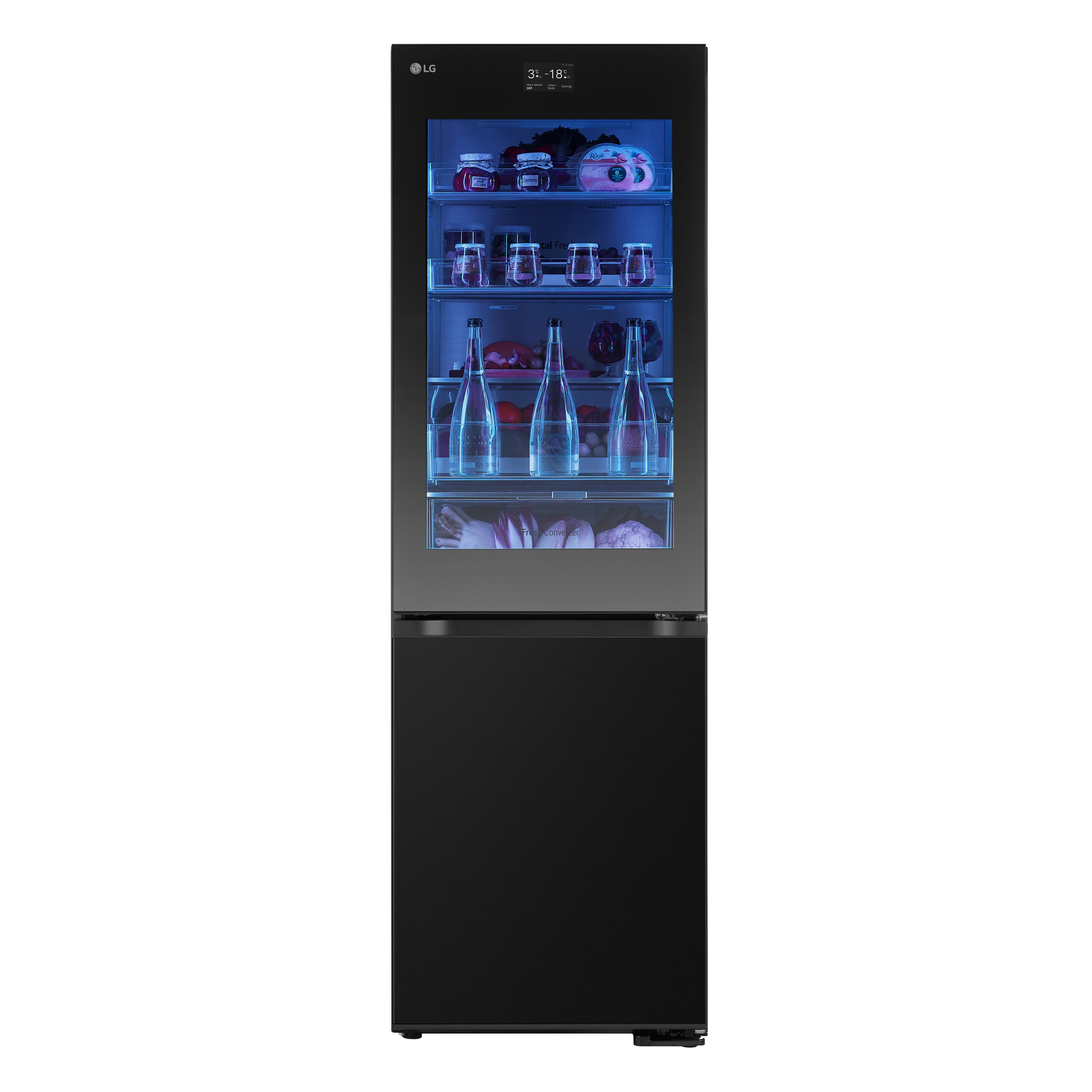 Schwarzer LG-Kühlschrank mit Glastür, mit Lebensmitteln und unterem Gefrierfach.