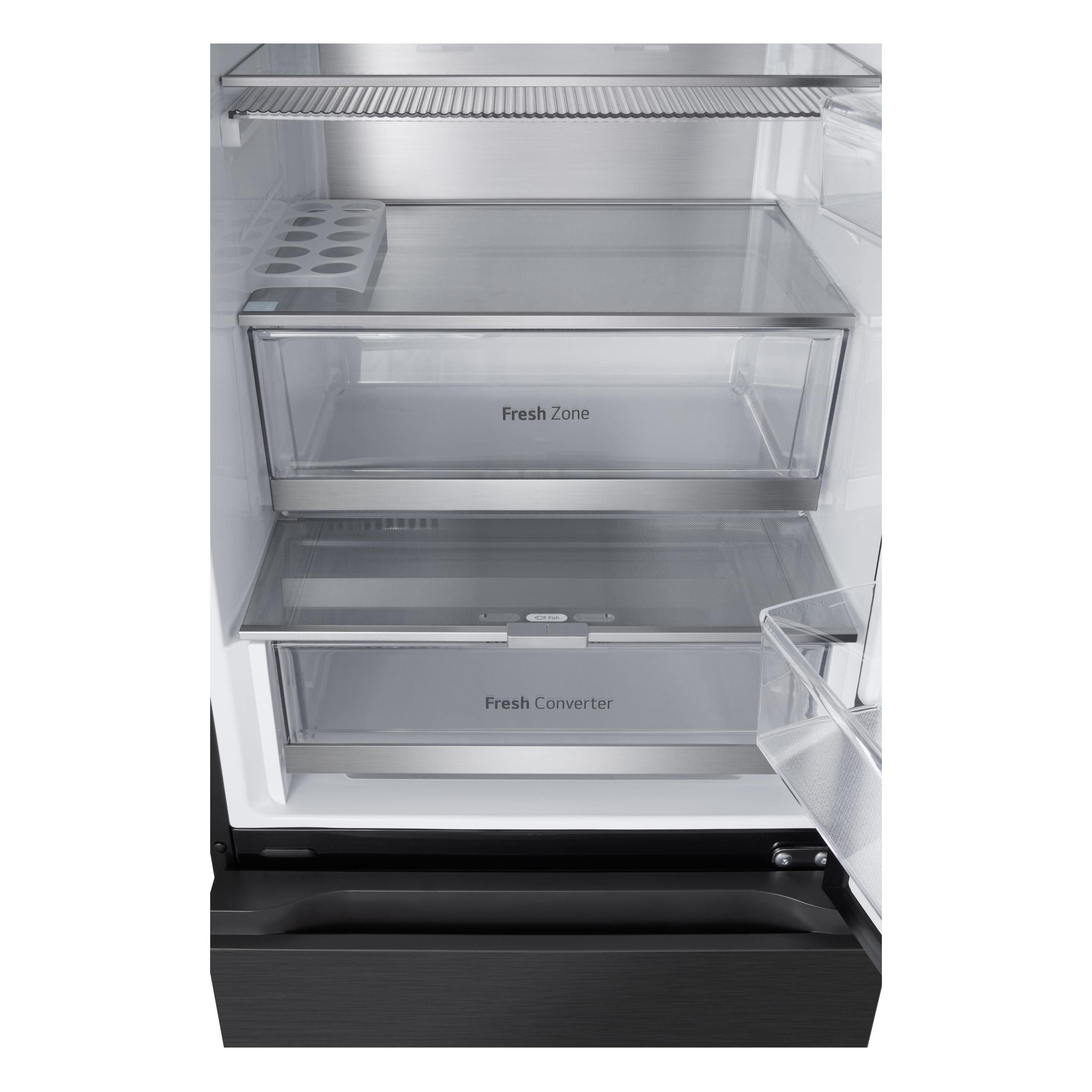 Im Inneren eines Kühlschranks, zwei Regale mit der Aufschrift 'Fresh Zone' und 'Fresh Converter'.