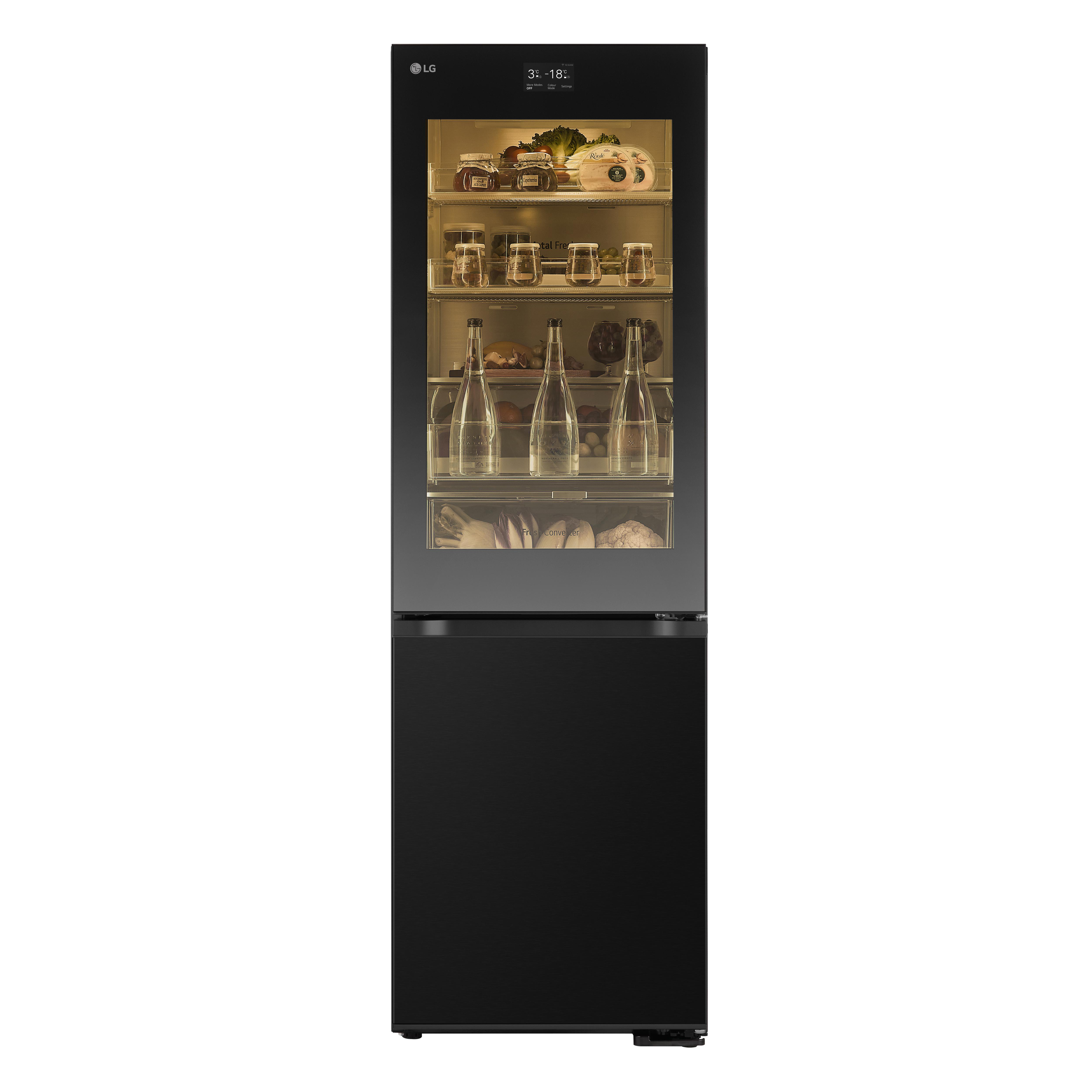 LG schwarzer Kühlschrank mit Glastür, zeigt Essen und Getränke im Inneren, und ein unteres Gefrierfach.