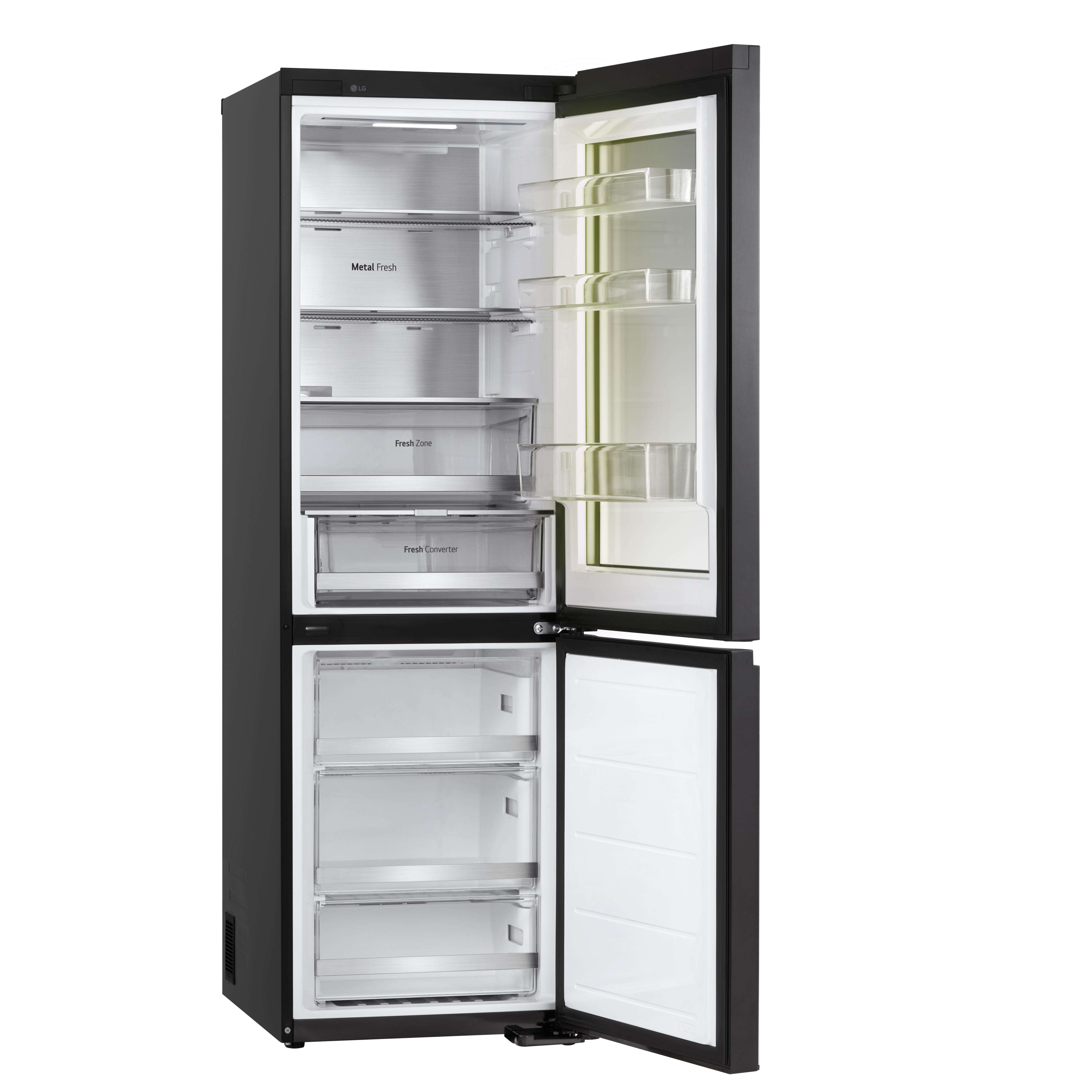 Ein schwarzer Kühlschrank mit geöffneten Türen, zeigt Regale, Schubladen und Innendetails.