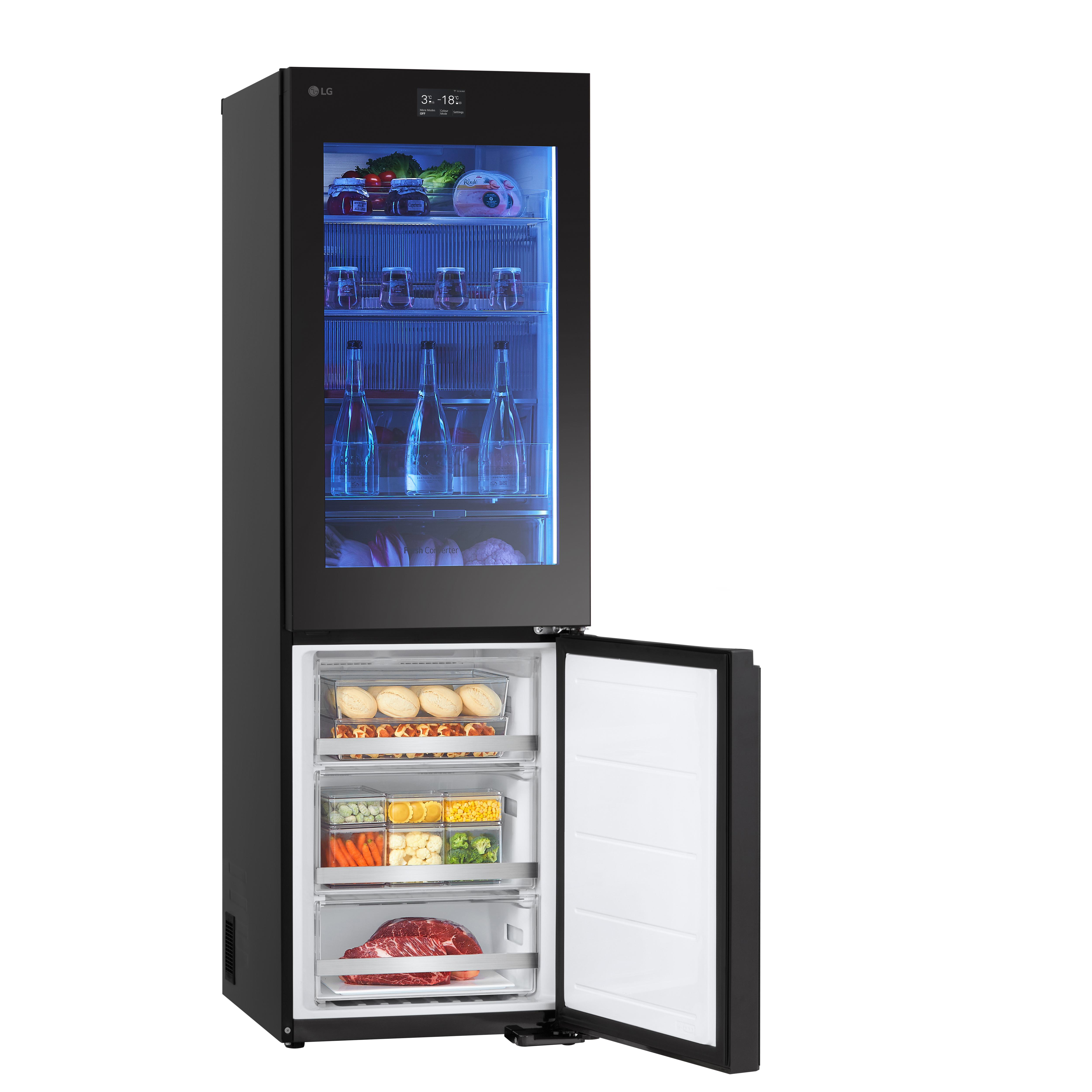 Ein schwarzer LG-Kühlschrank mit Glastür.