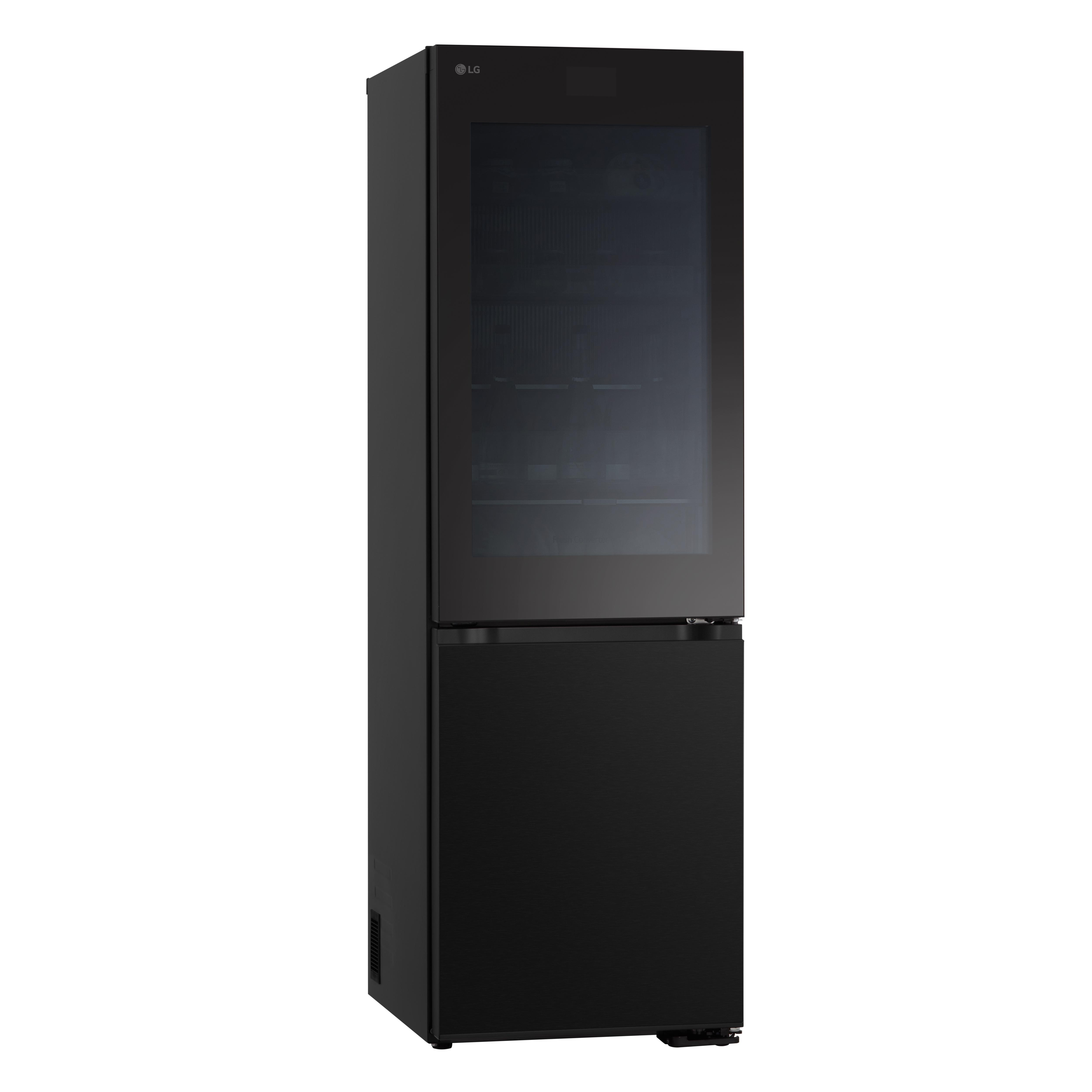 Schwarzer LG-Kühlschrank mit Glastür. Modernes Design, hoch und schlank.