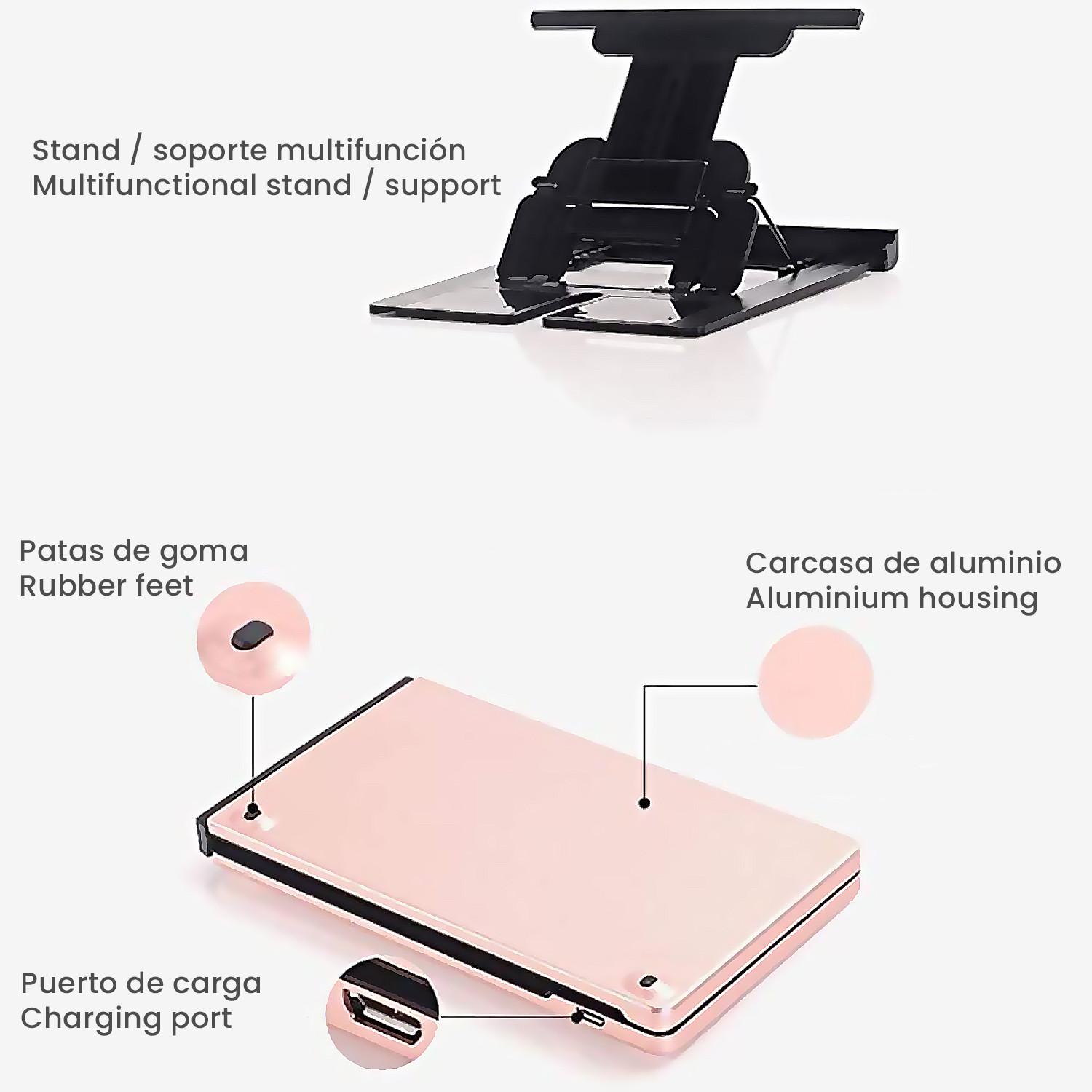 Una tableta rosa sobre un soporte con texto y etiquetas que indican sus características y puertos.