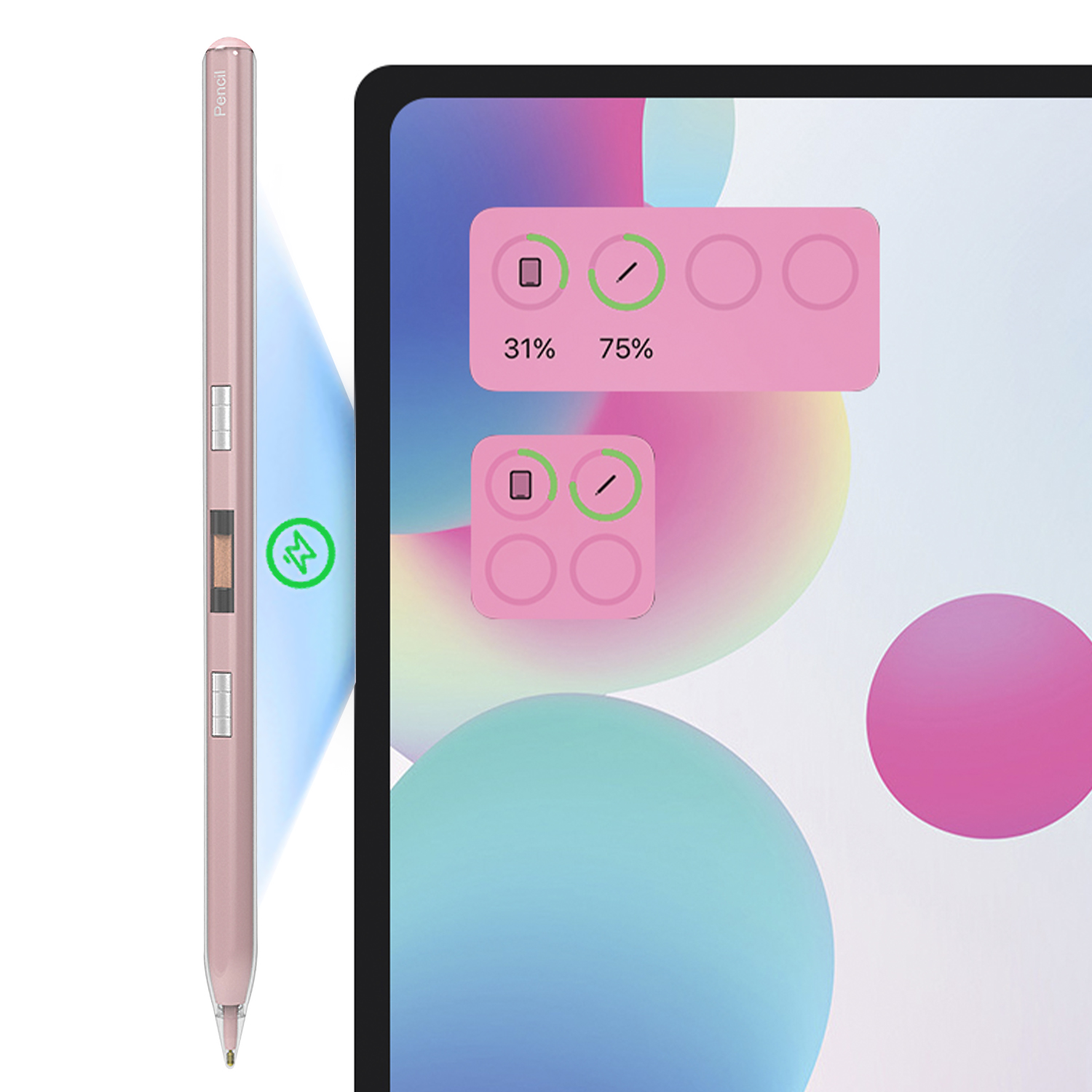 Un lápiz óptico oro rosa y una pantalla de tableta mostrando el estado de carga.