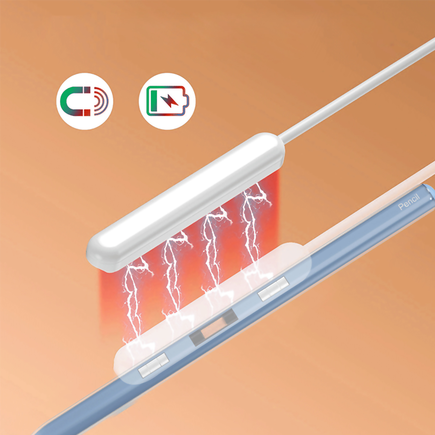 Primer plano de un dispositivo que carga un lápiz óptico azul. Chispas muestran la transferencia de energía.