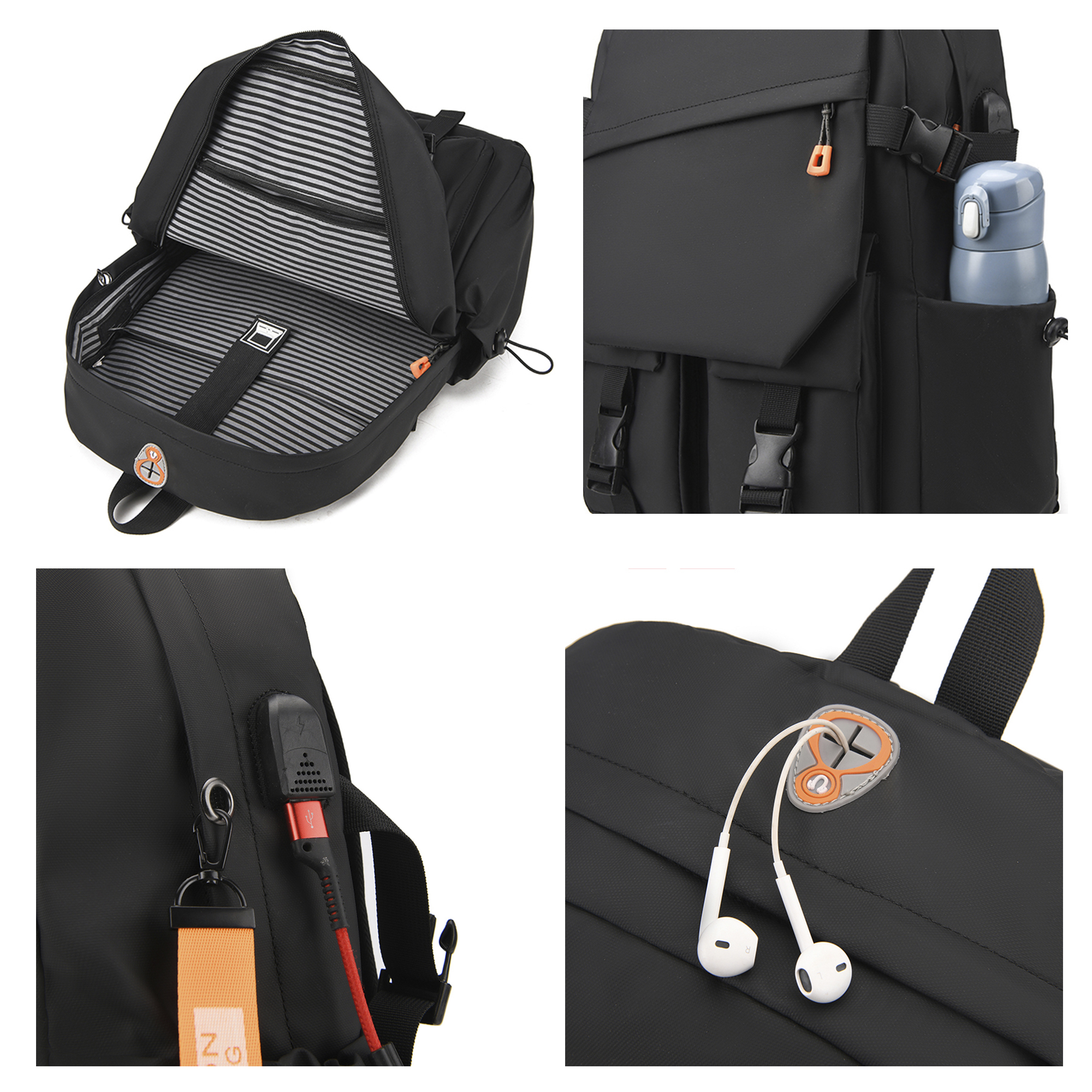 Mochila negra con múltiples compartimentos, bolsillos y una botella de agua.