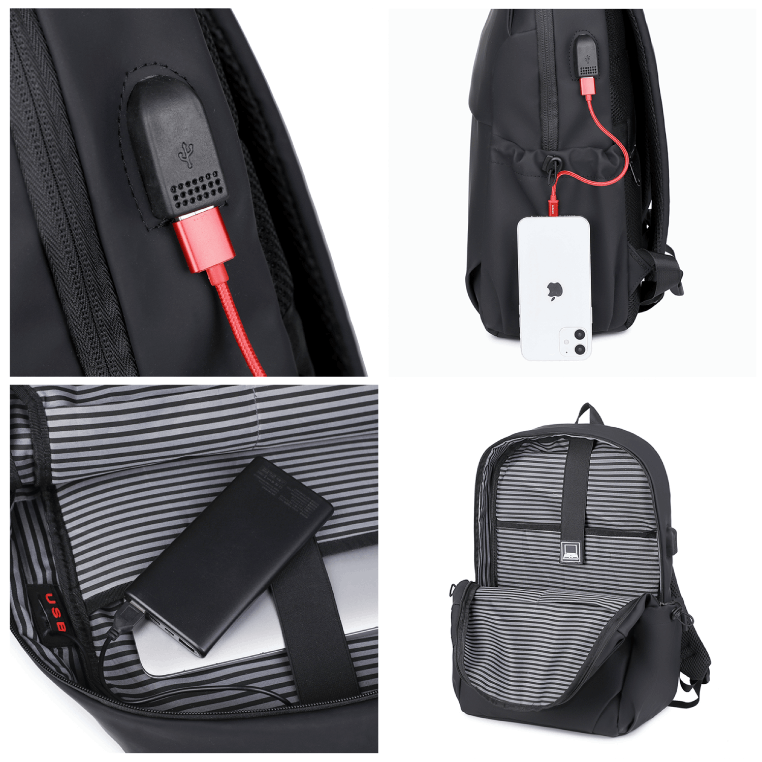 Mochila negra con cable de carga USB rojo. Teléfono blanco cargando. Interior blanco y negro.
