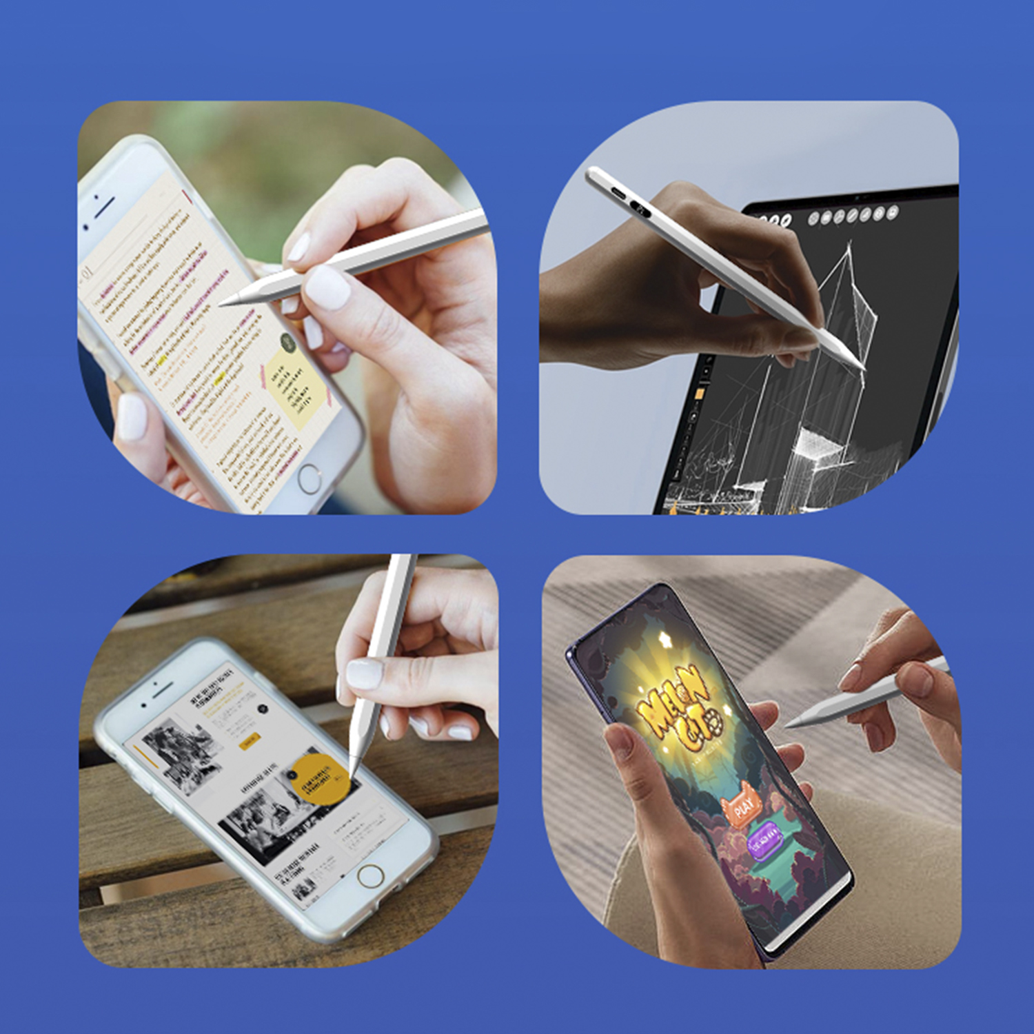 Manos usando lápices ópticos en teléfonos y tabletas. Fondo azul.