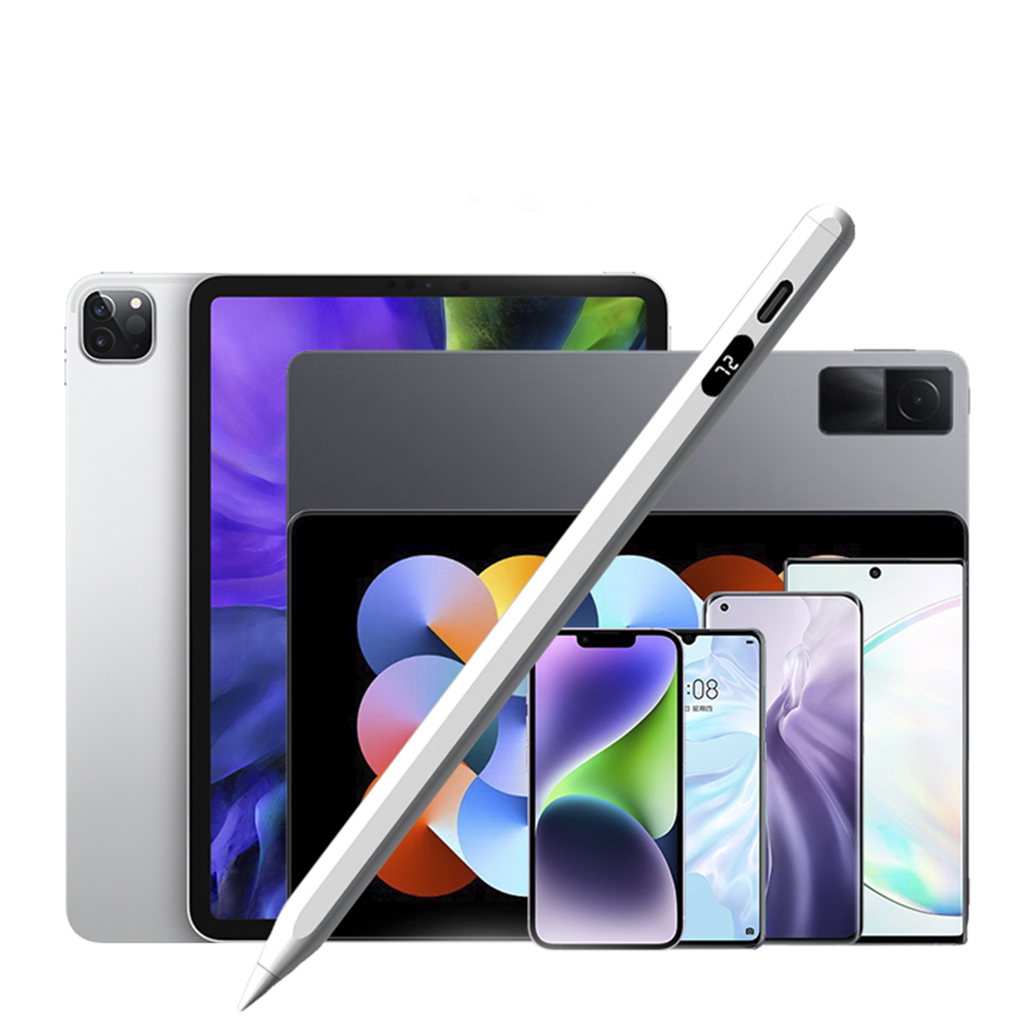 Lápiz óptico blanco con teléfonos y tabletas en el fondo.
